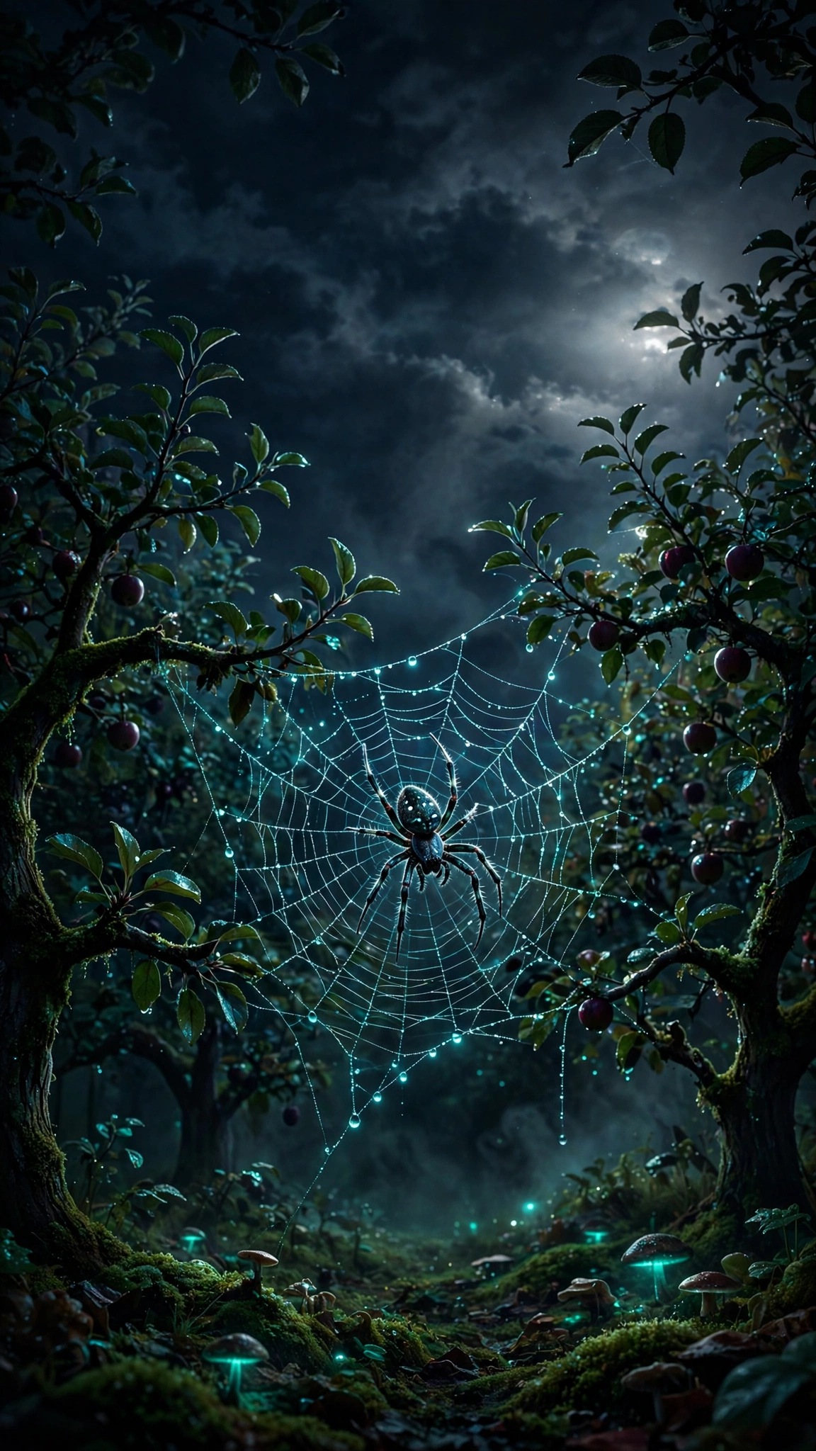 Spider on a glowing web in a moonlit orchard at night