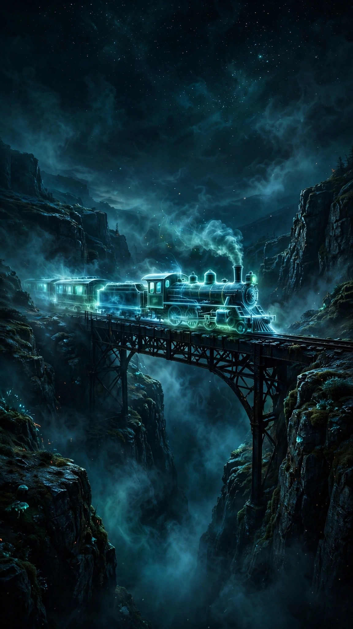 Glowing spectral train crossing a black bridge at night