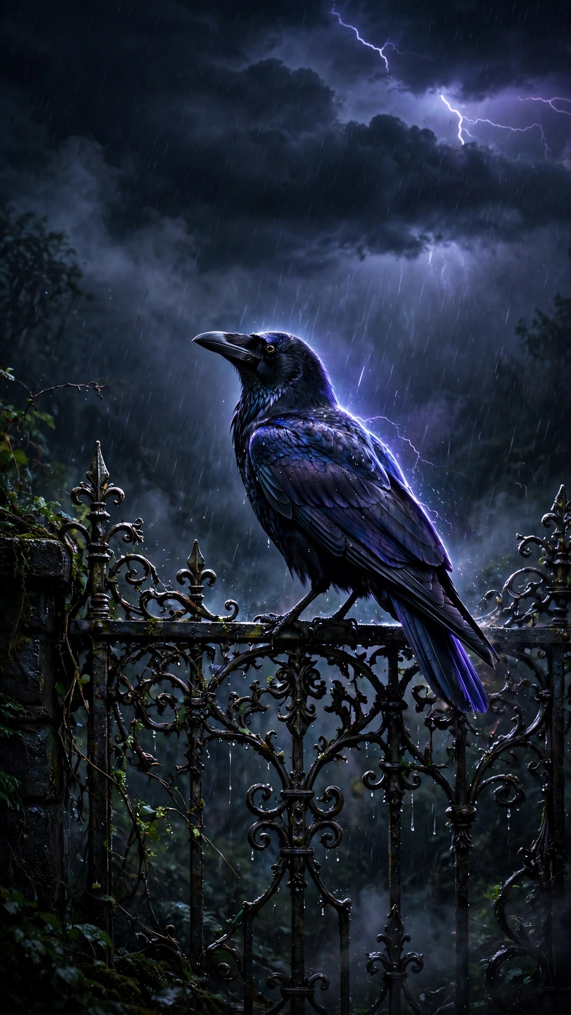 Black crow perched on an ornate iron gate in a storm
