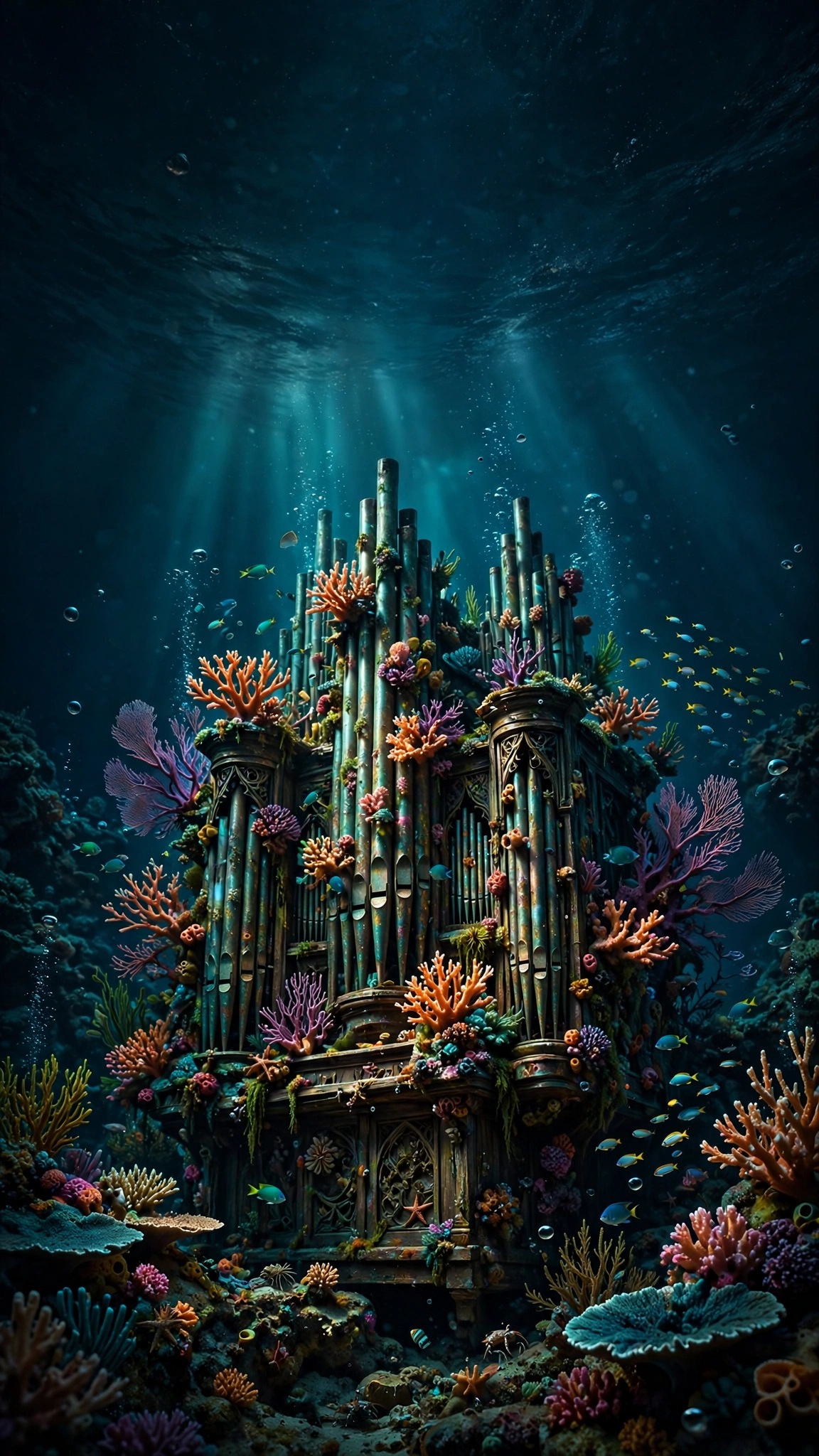 Sunken pipe organ covered in coral on a dark reef