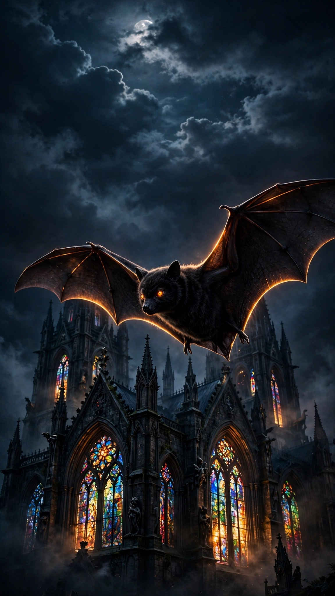 Black bat with amber eyes flying over a dark cathedral