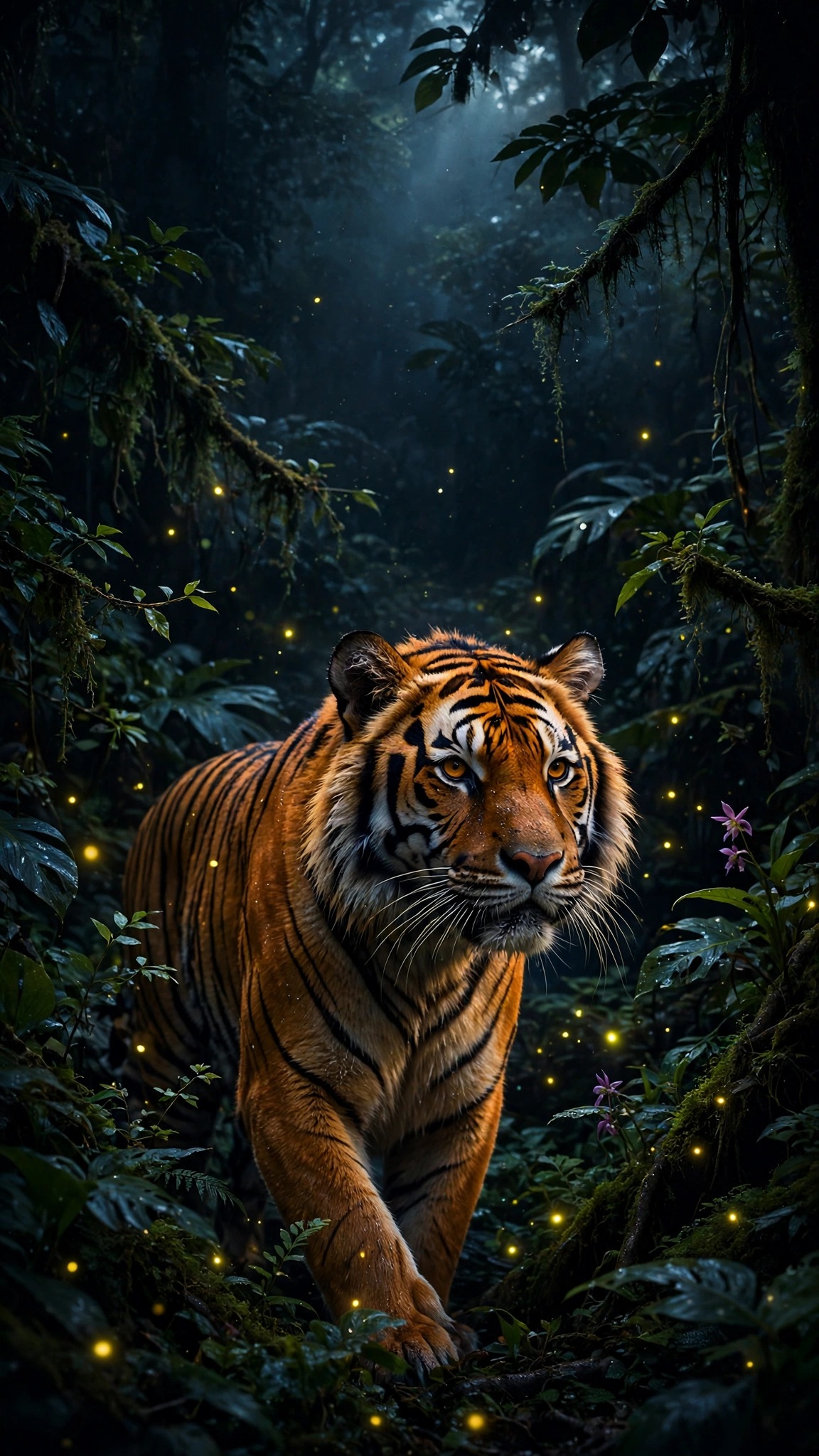 Amber tiger with amber eyes walking through a dark midnight jungle