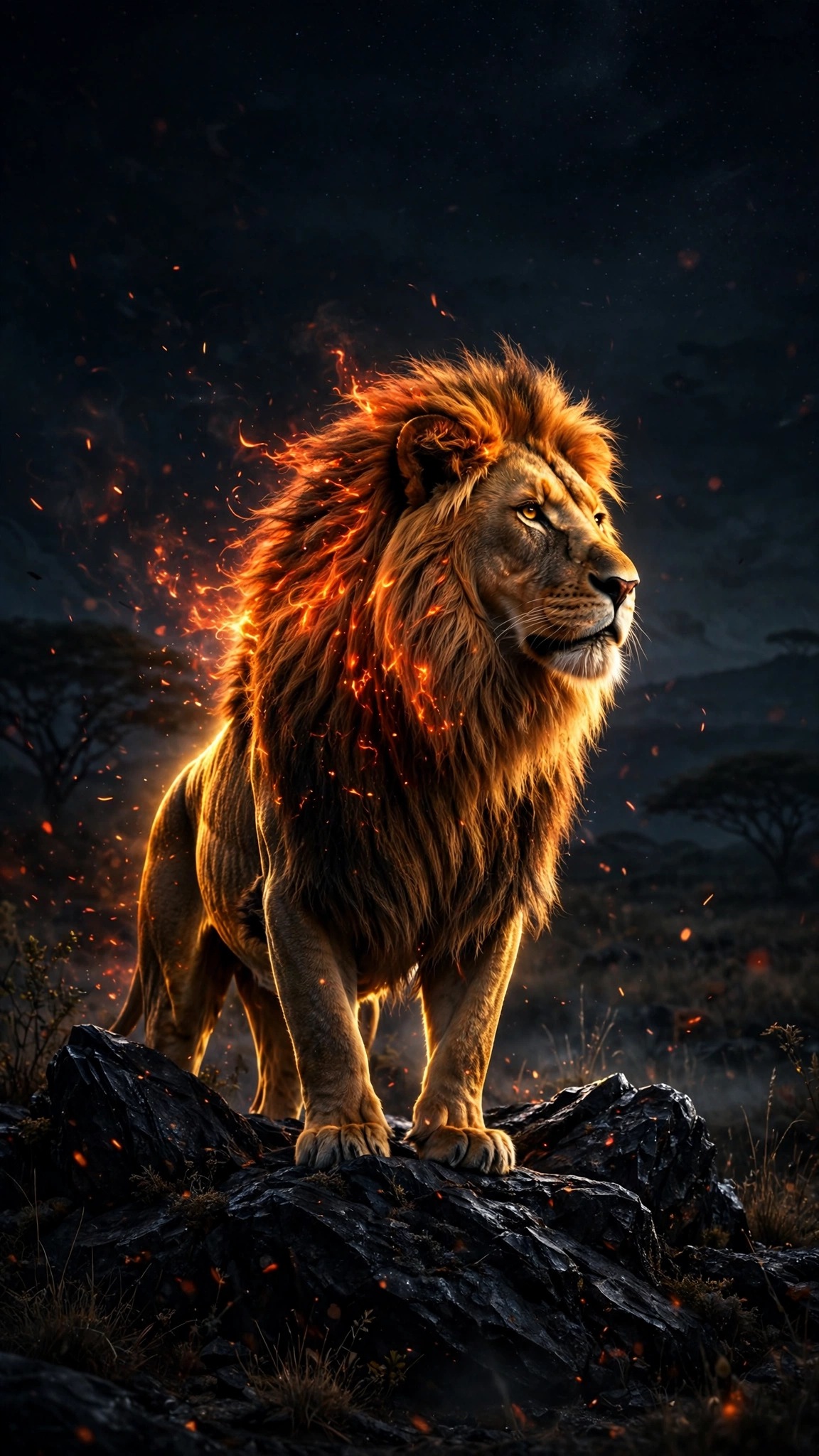 Lion with glowing ember mane standing on black obsidian rock at night