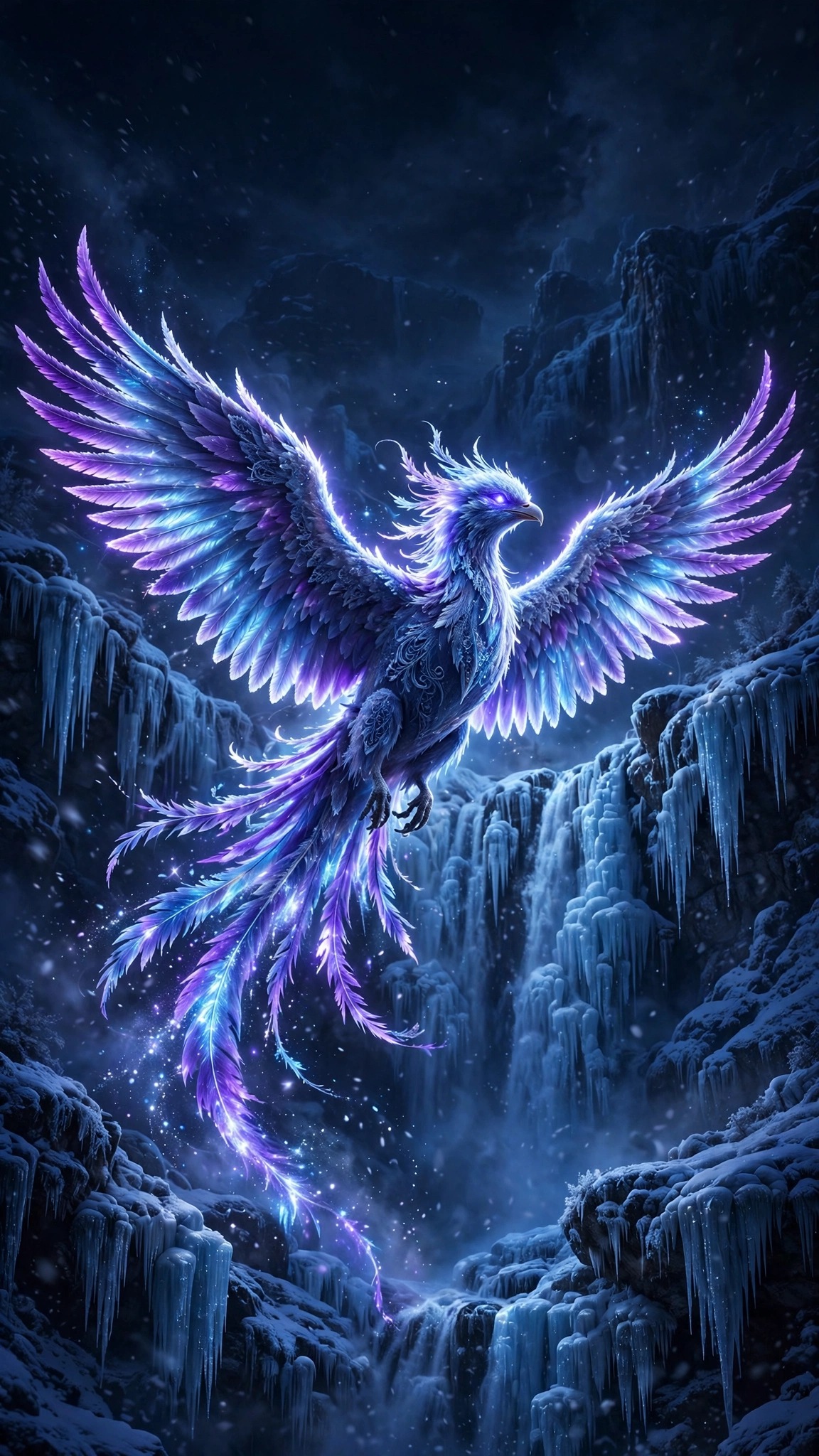 Glowing frost phoenix with violet wings before a frozen waterfall at night