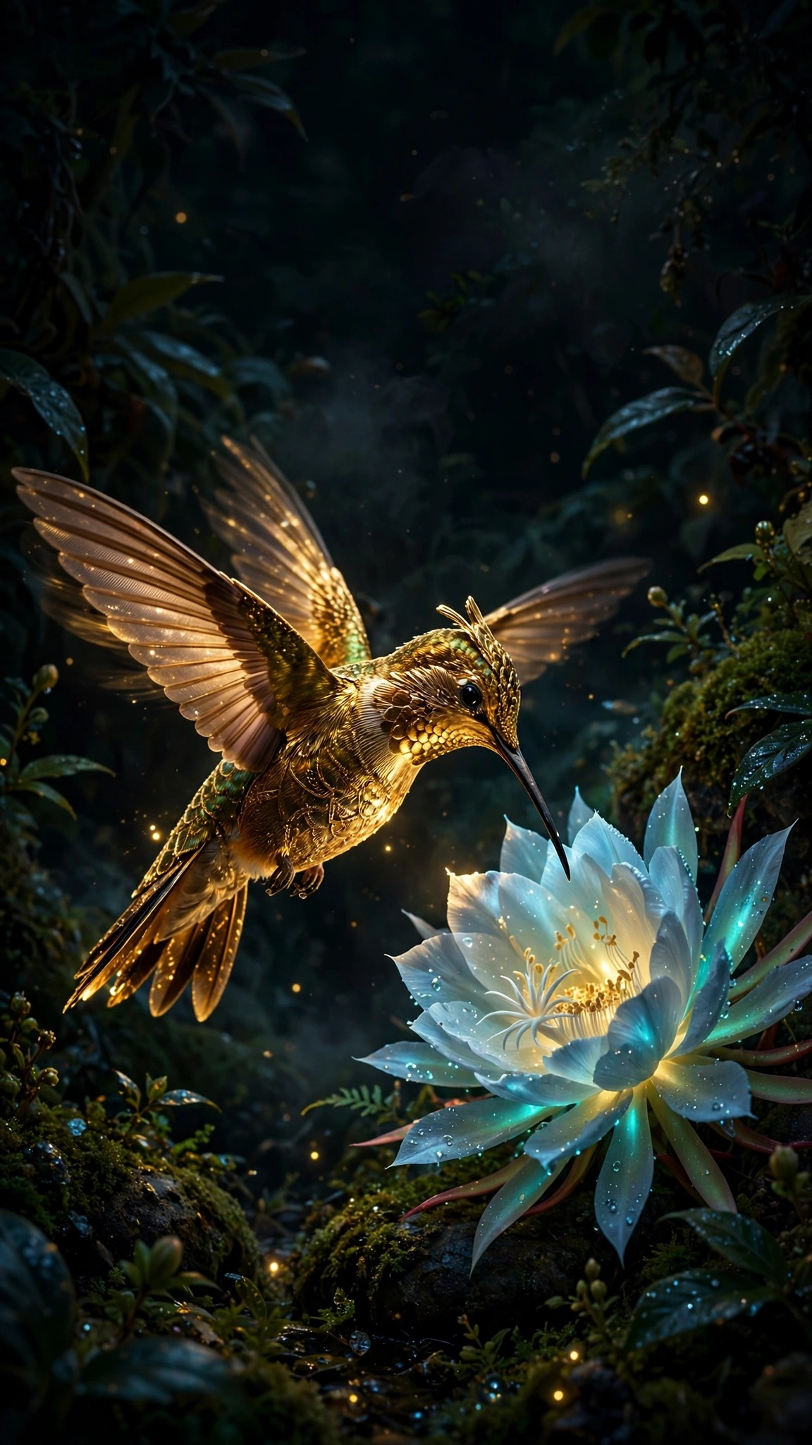 Gilded golden hummingbird hovering at a glowing white night bloom