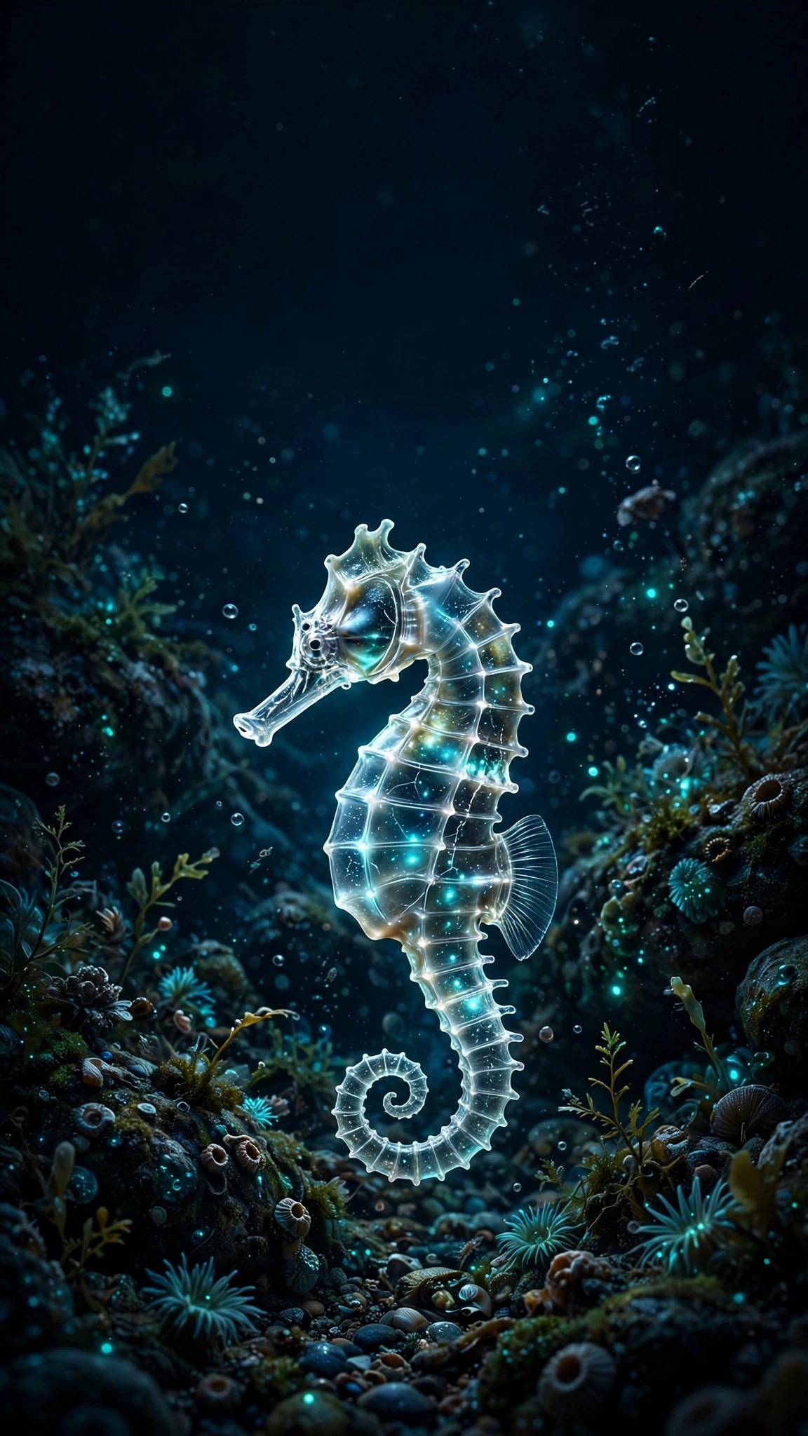 Luminous glass seahorse glowing teal in a dark midnight tide pool