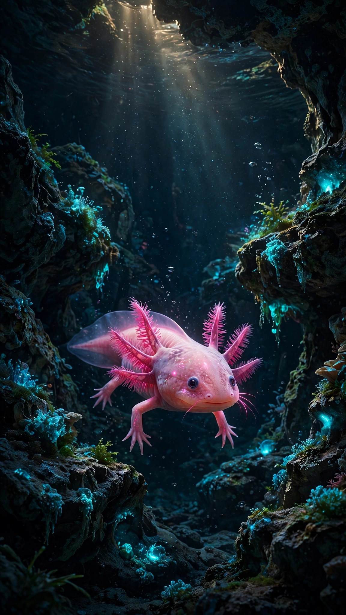 Glowing pink axolotl swimming in a dark cenote under light rays