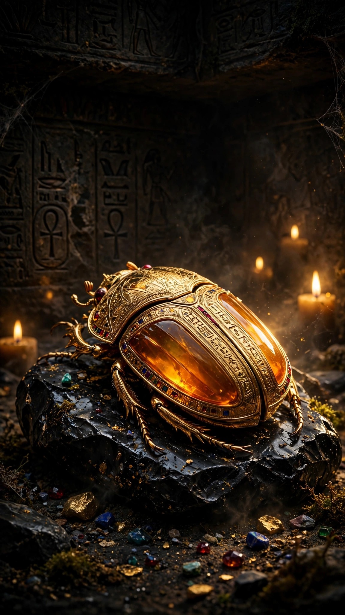 Golden scarab beetle with amber wings on black obsidian in a dark tomb