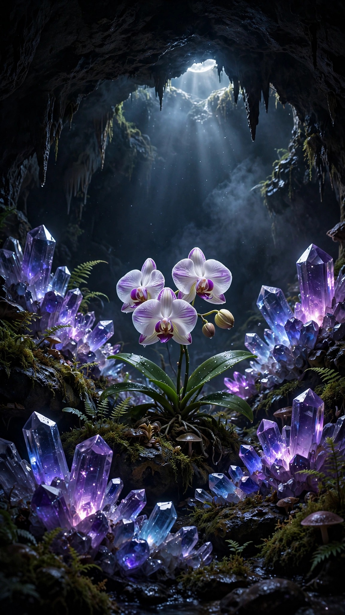 White violet orchid blooming among glowing crystals in a dark grotto