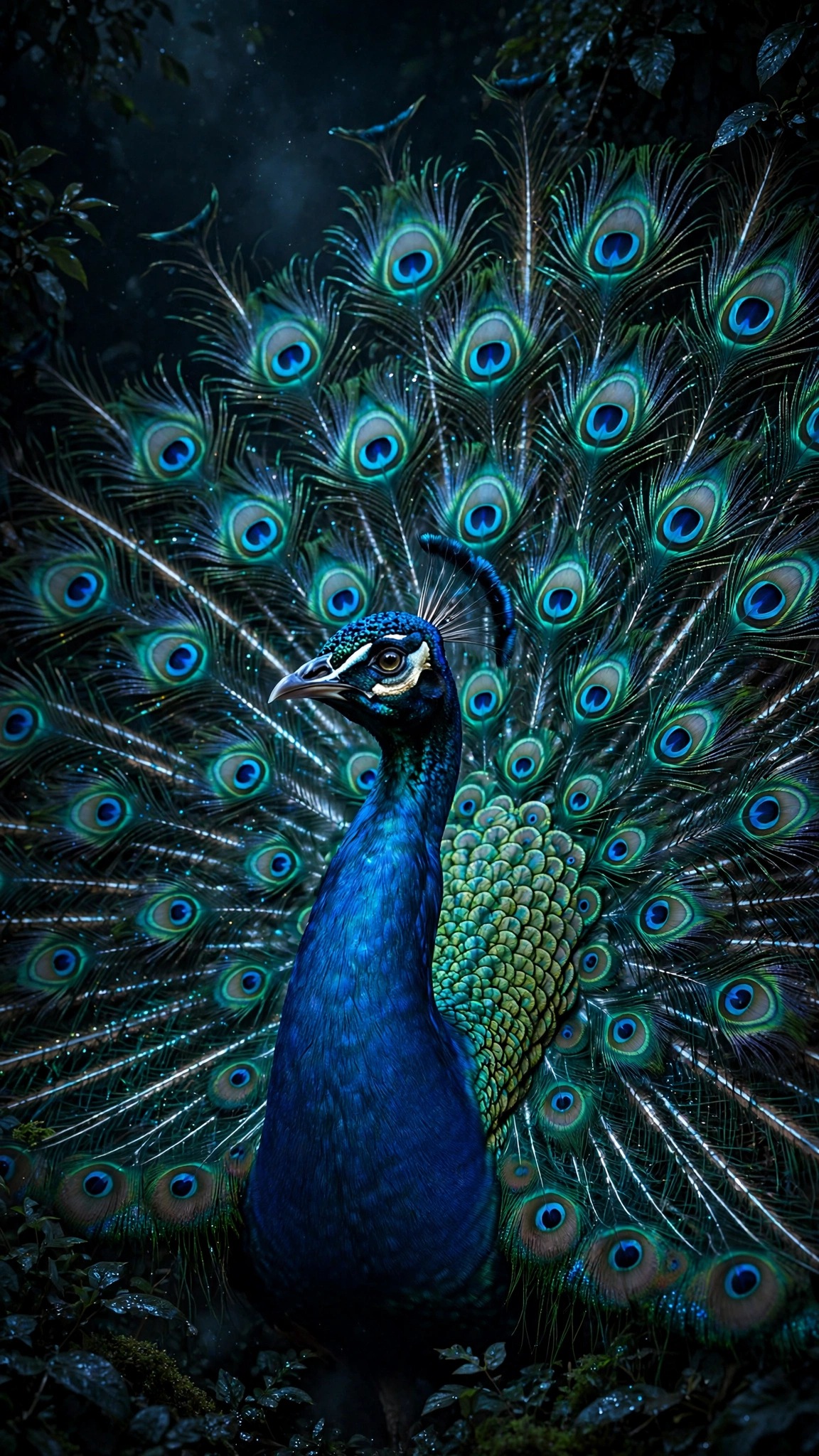 Sapphire peacock with glowing blue tail feathers in a dark moonlit garden