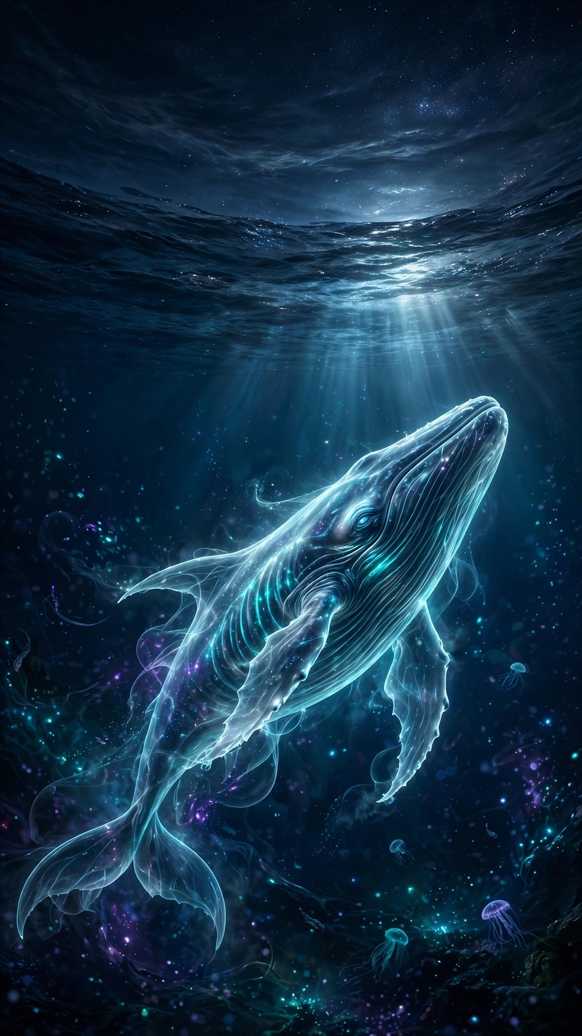 Spectral glowing whale swimming beneath a starlit ocean surface at night