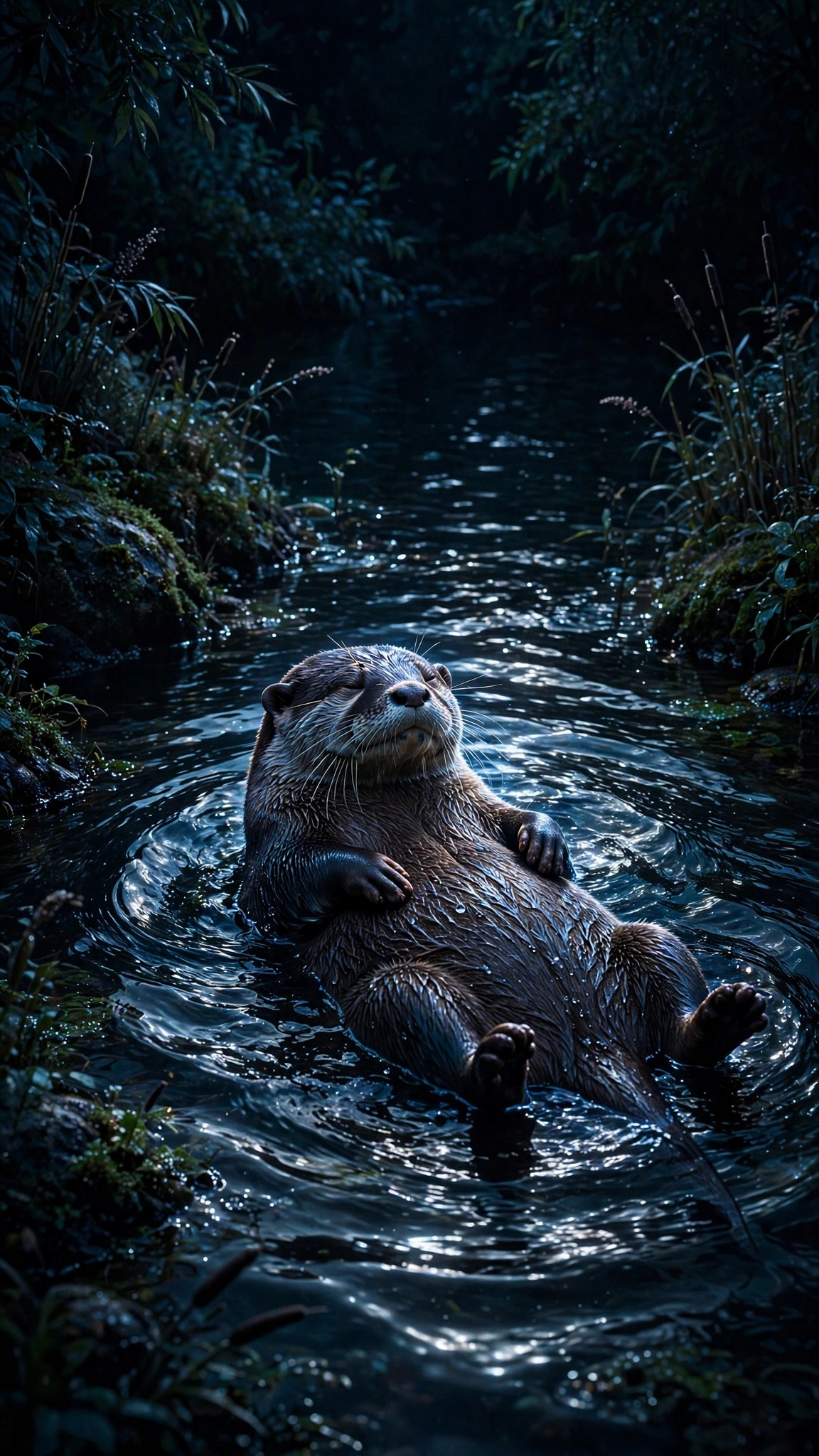 Midnight Otter Moon River dark wallpaper