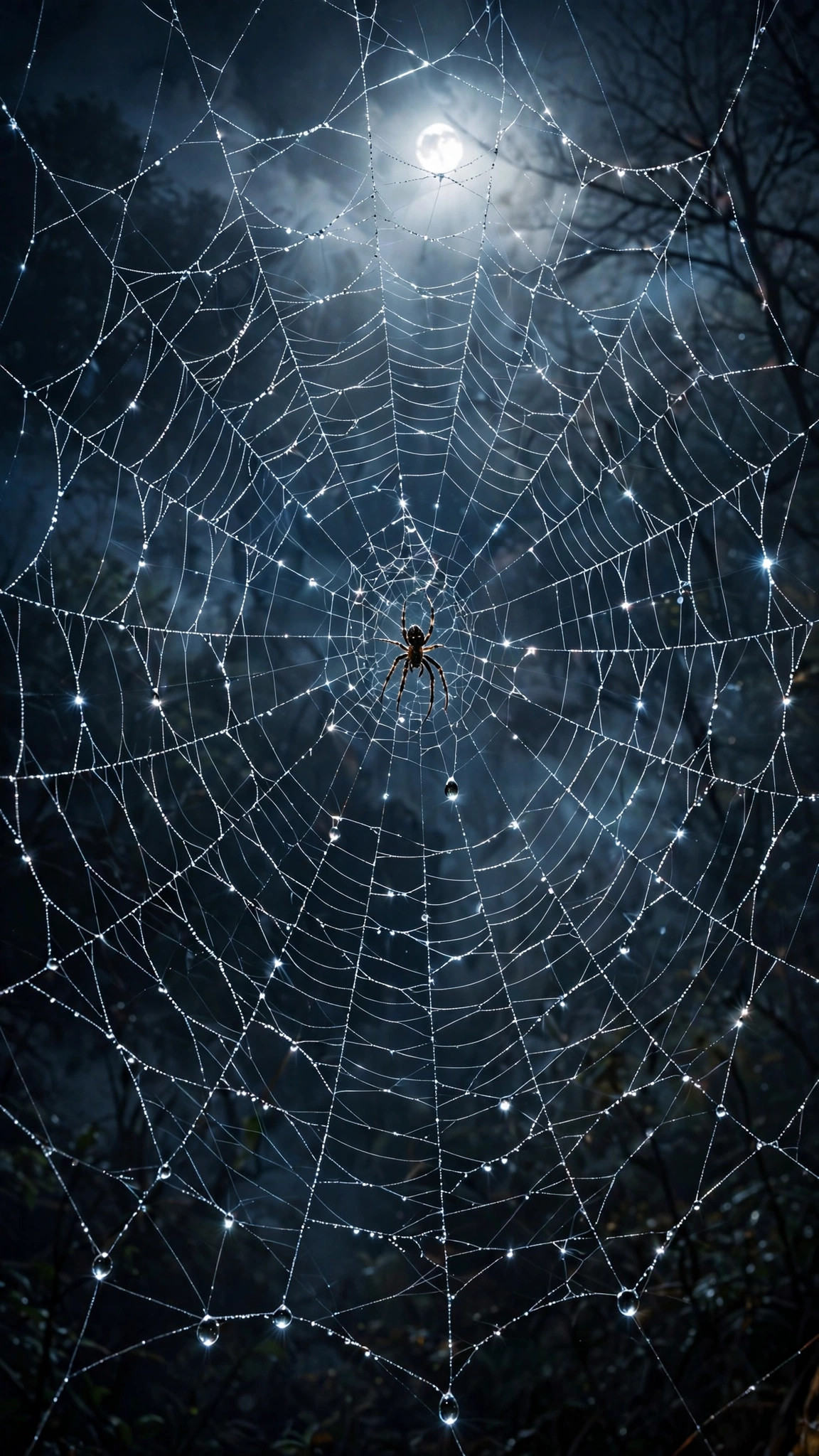 Giant spiderweb with dew drops glistening in bright moonlight