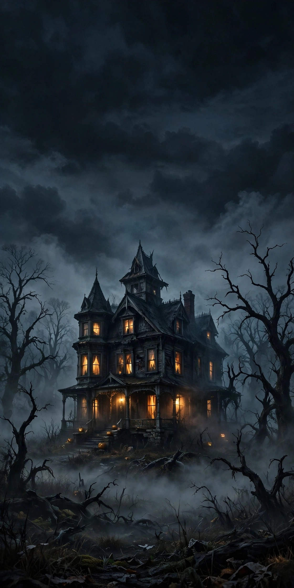 Haunted Victorian house with glowing windows