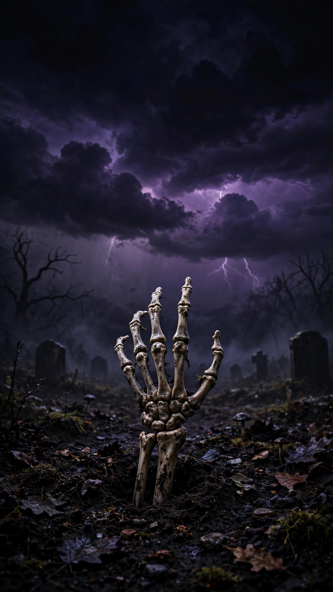 Skeleton hand reaching up out of dark grave soil