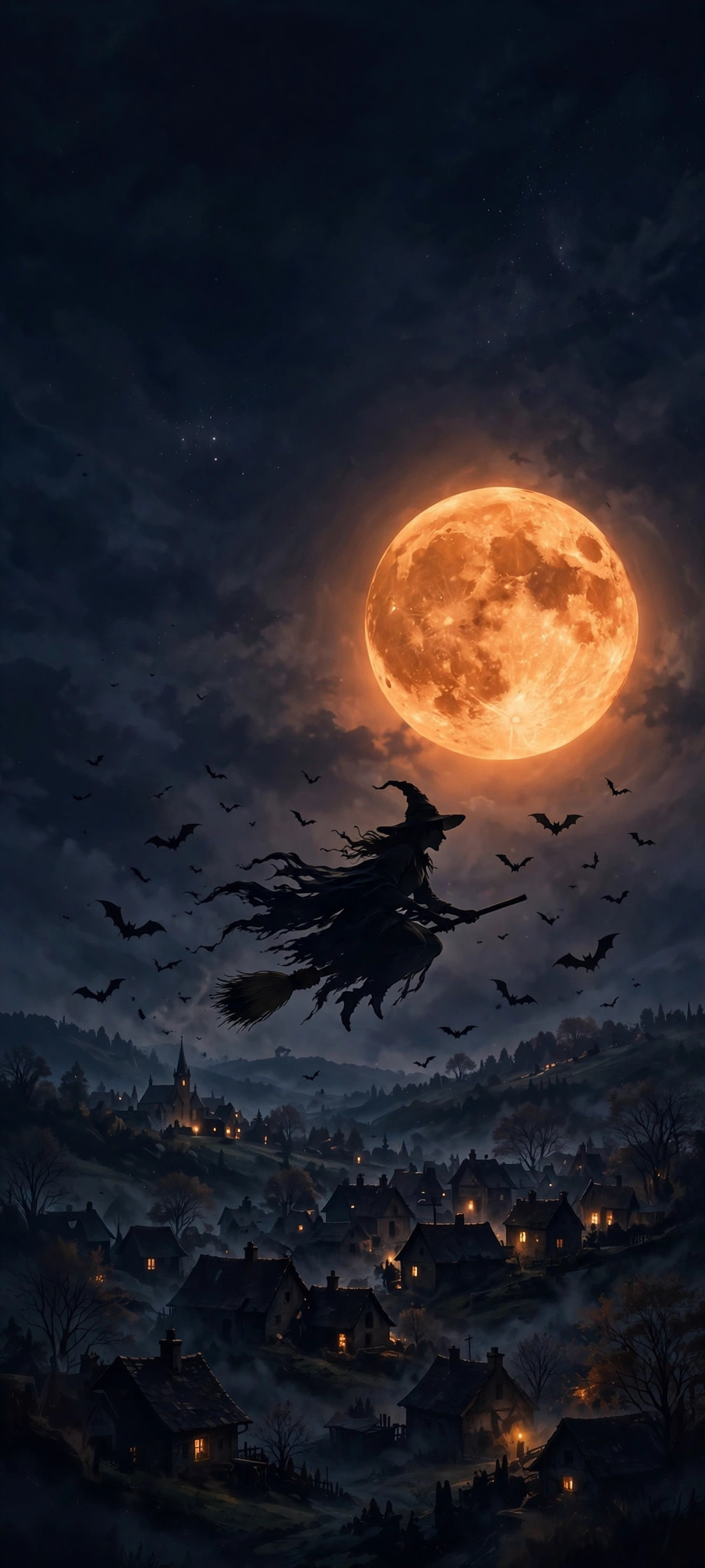Witch silhouette flying on a broomstick over a sleeping village