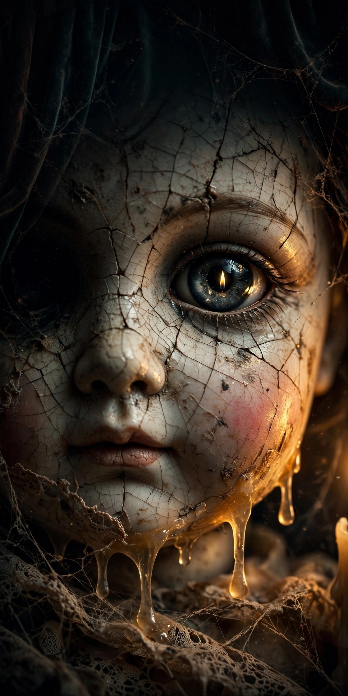 cracked porcelain doll face by candlelight