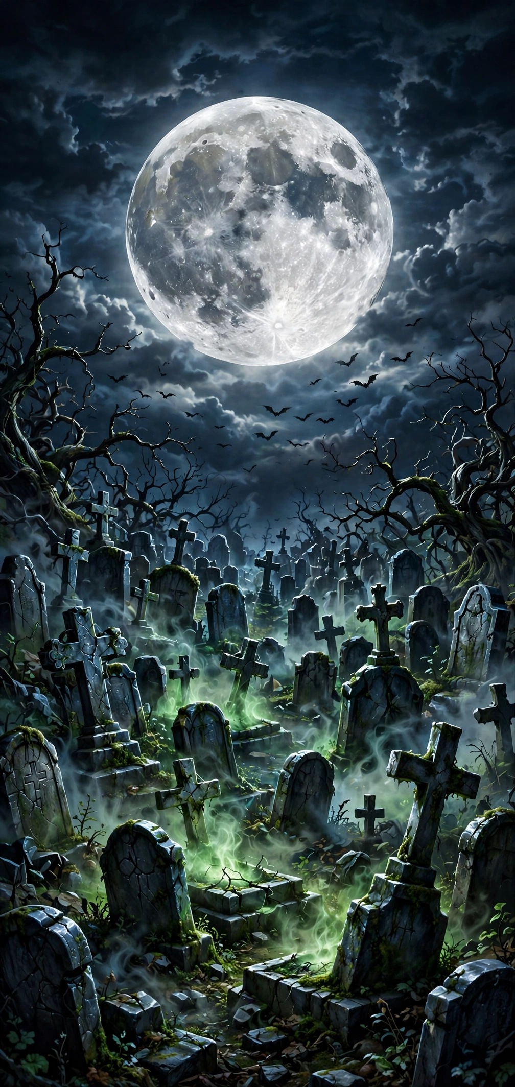 full moon over a crooked graveyard