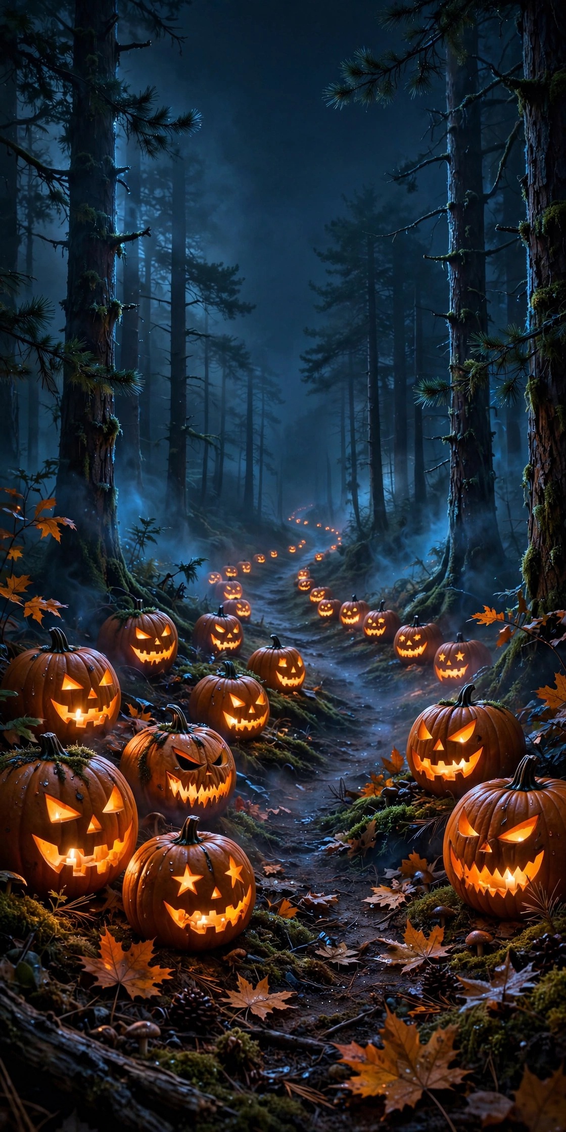carved jack-o'-lanterns glowing on a misty forest path