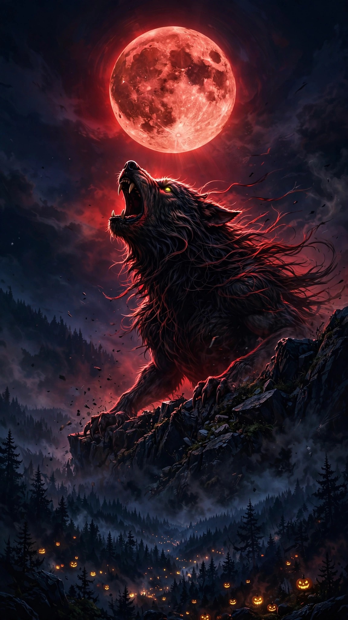 werewolf howling at a blood-red moon