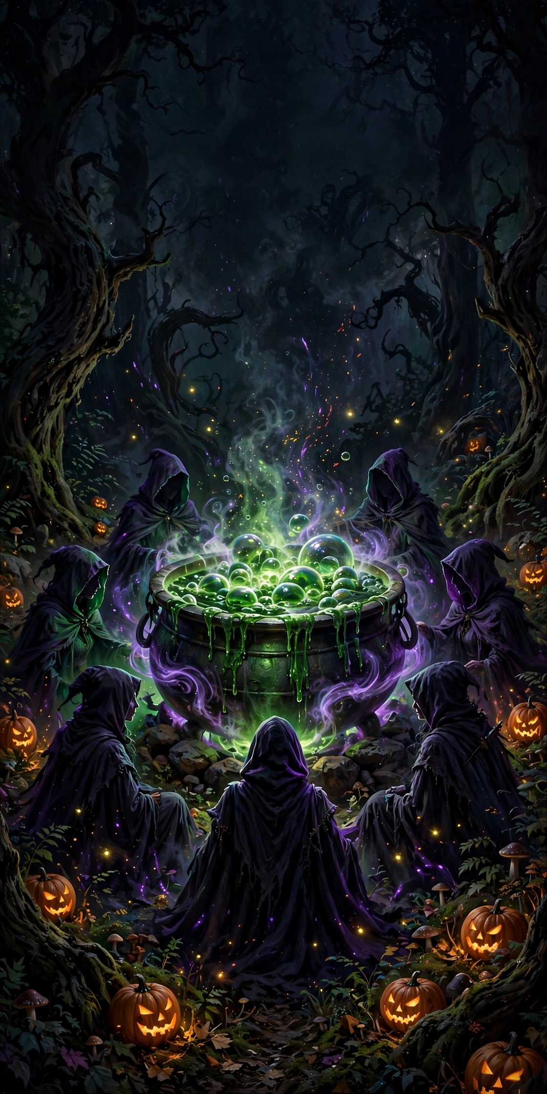 witches coven around a bubbling cauldron