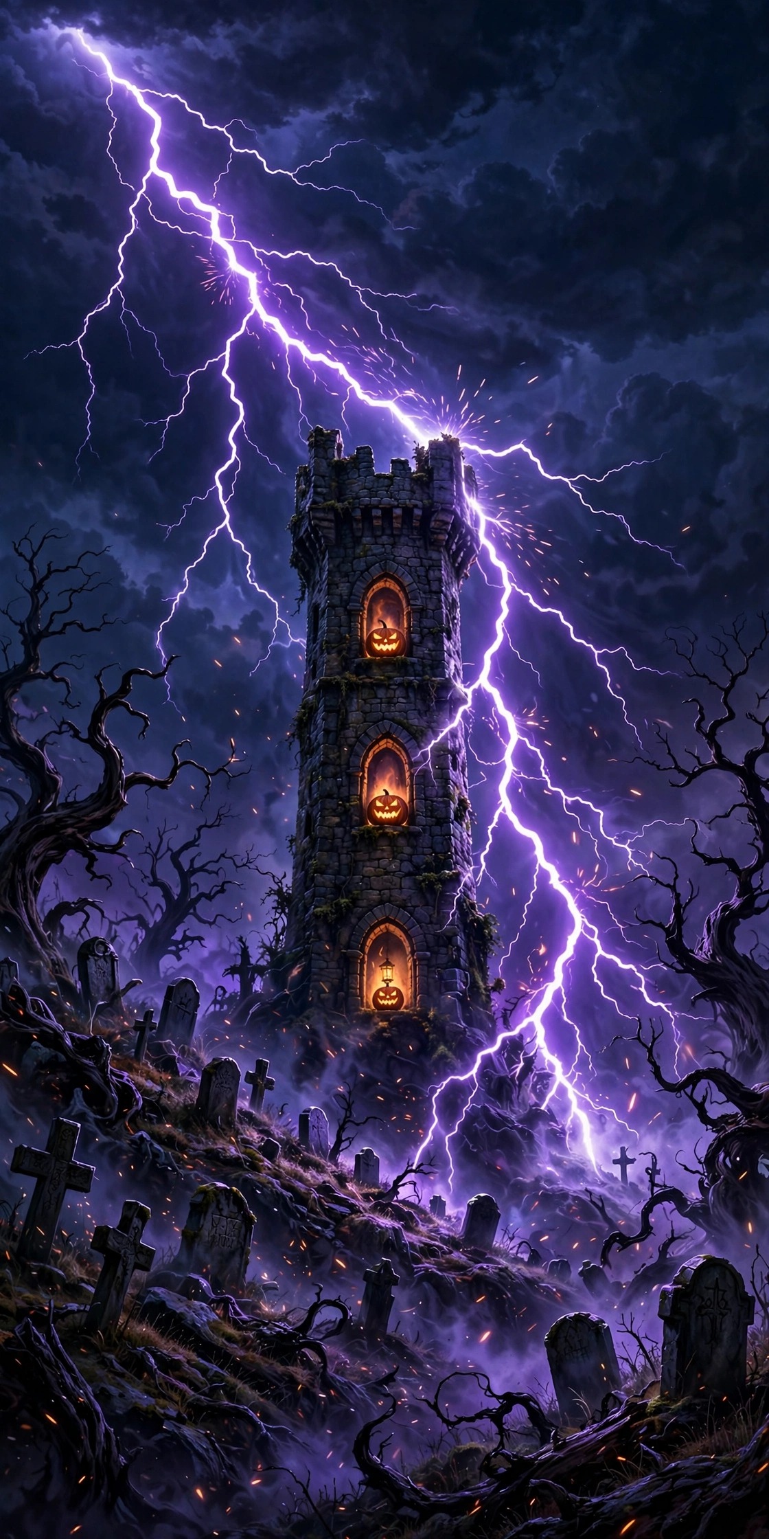 wizard's tower struck by purple lightning