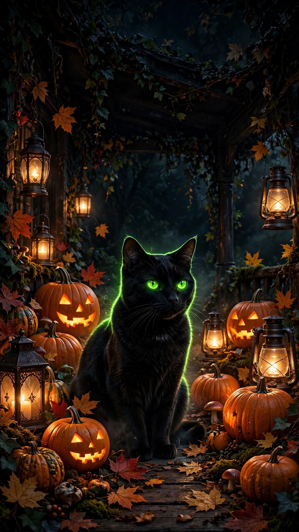 black cat with glowing green eyes among lanterns and pumpkins on a night porch