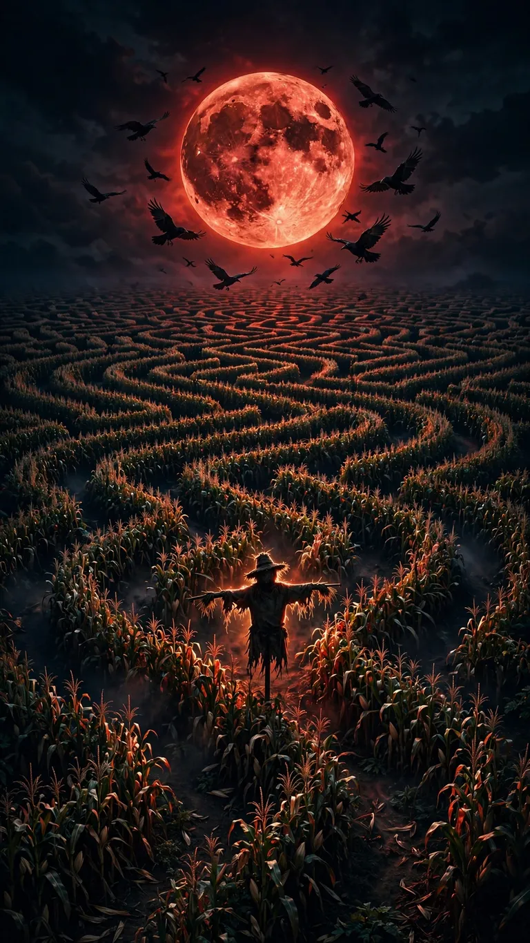 endless corn maze under a huge blood-red moon with scarecrow silhouette and circling crows