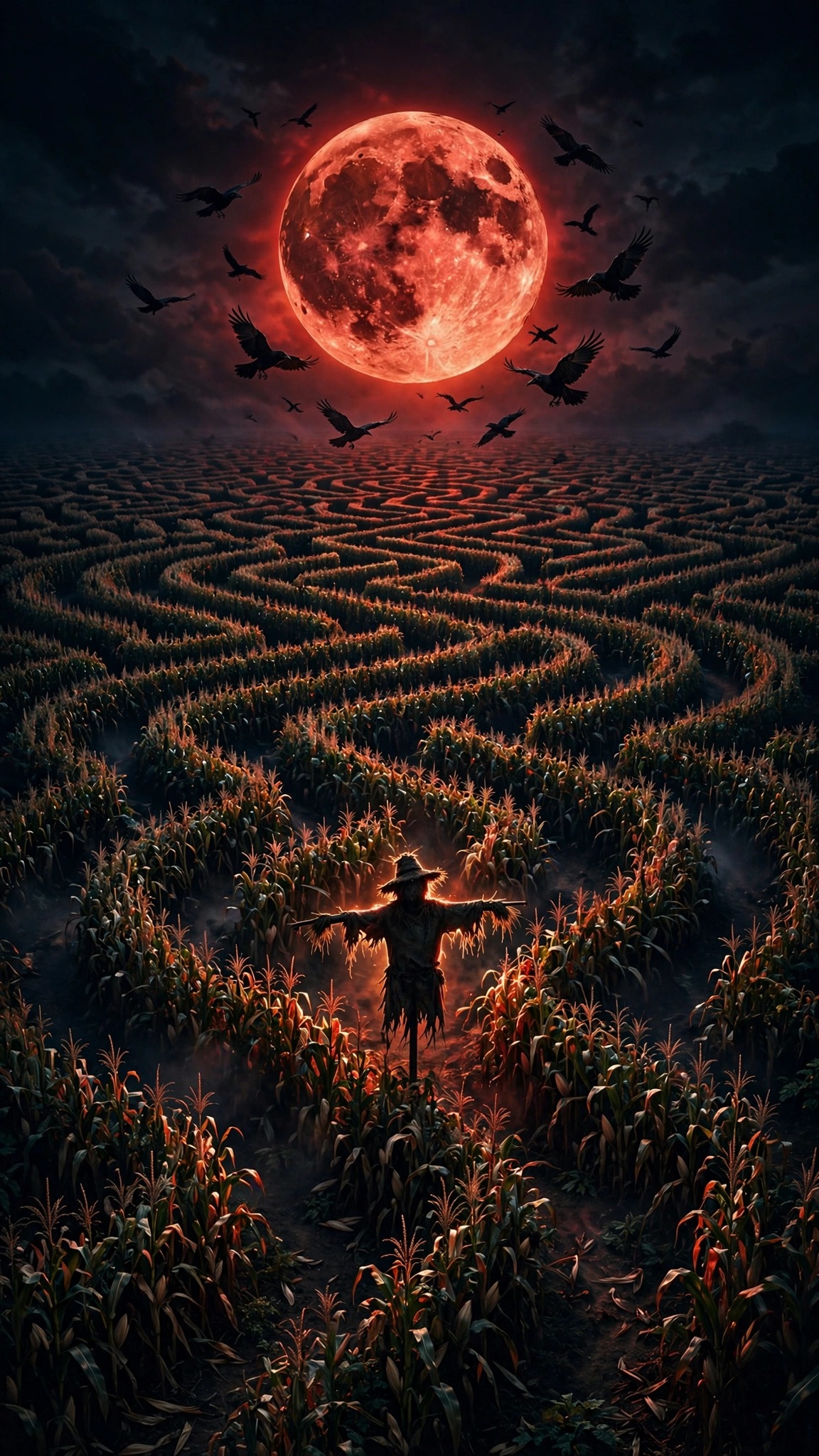 endless corn maze under a huge blood-red moon with scarecrow silhouette and circling crows
