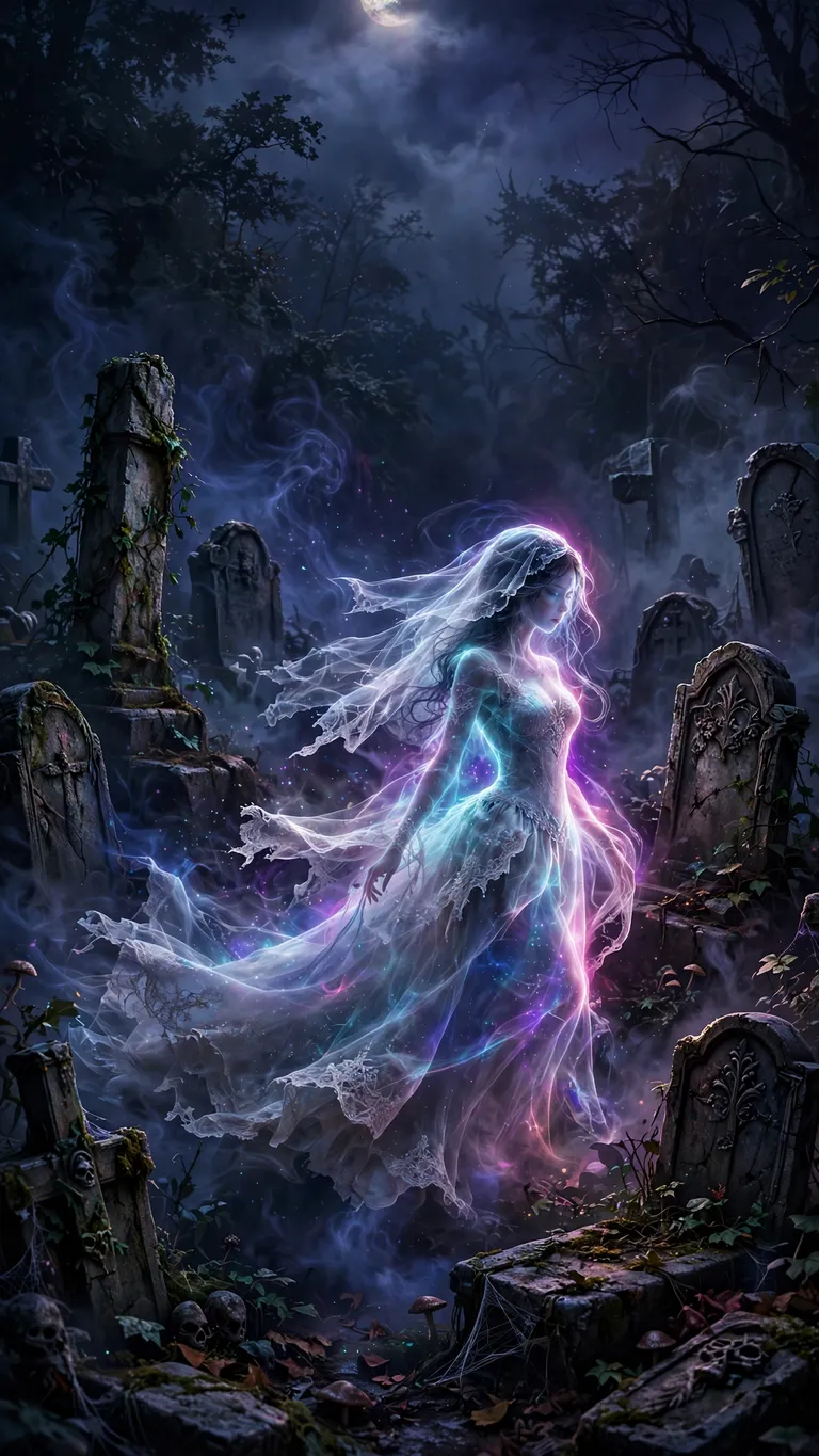 translucent ghost bride in white gown drifting through foggy cemetery under moonlight