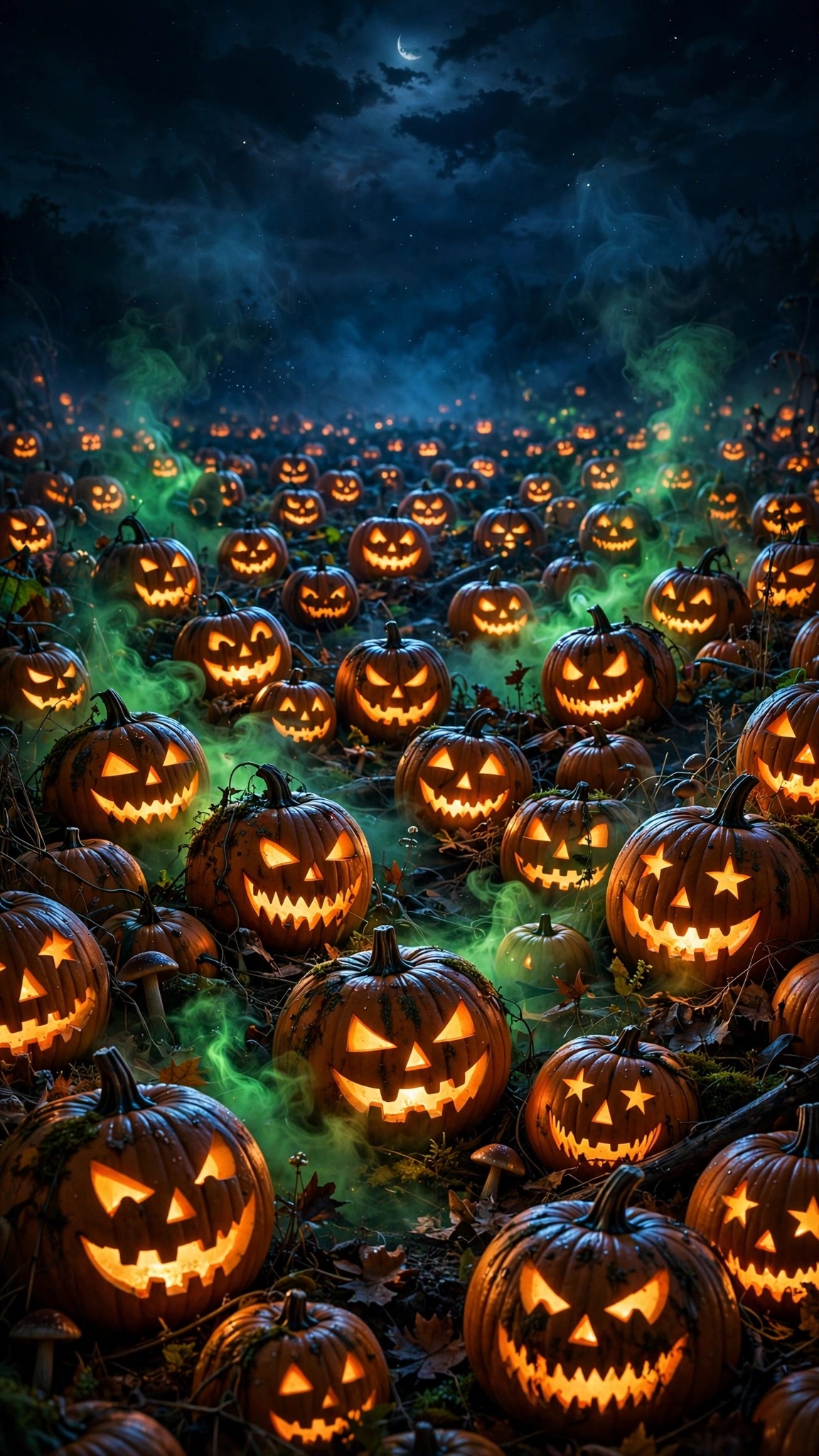 glowing pumpkin patch with dozens of carved jack-o-lanterns in green mist under moonlight