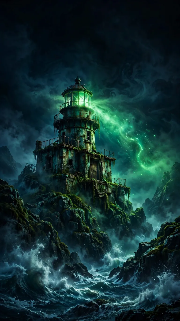 abandoned lighthouse on rocky cliff with ghostly green light beam cutting through fog