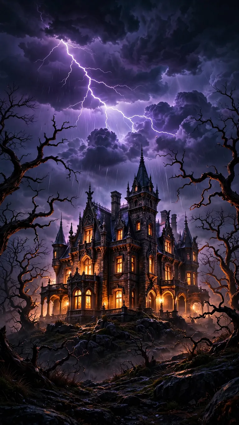 gothic victorian mansion with glowing amber windows under lightning-lit purple storm sky