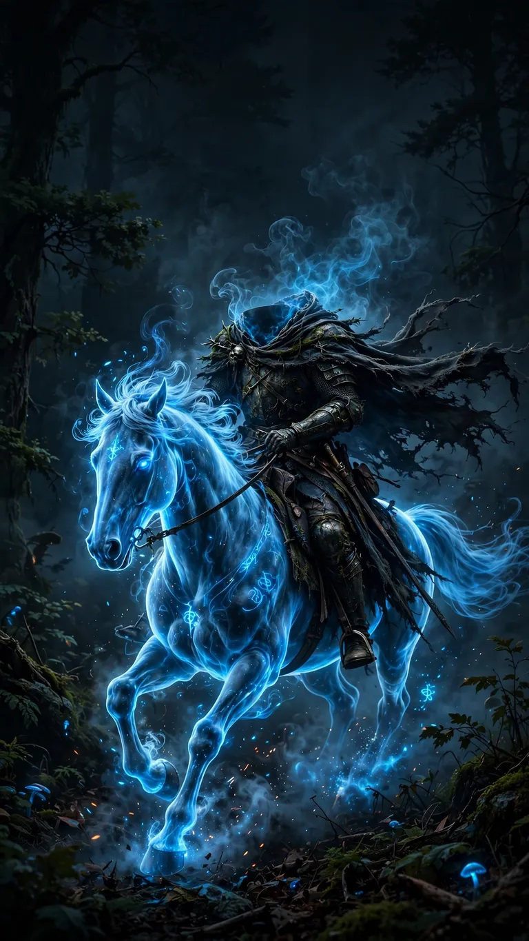 ghostly headless horseman riding a glowing blue spectral horse through a foggy forest