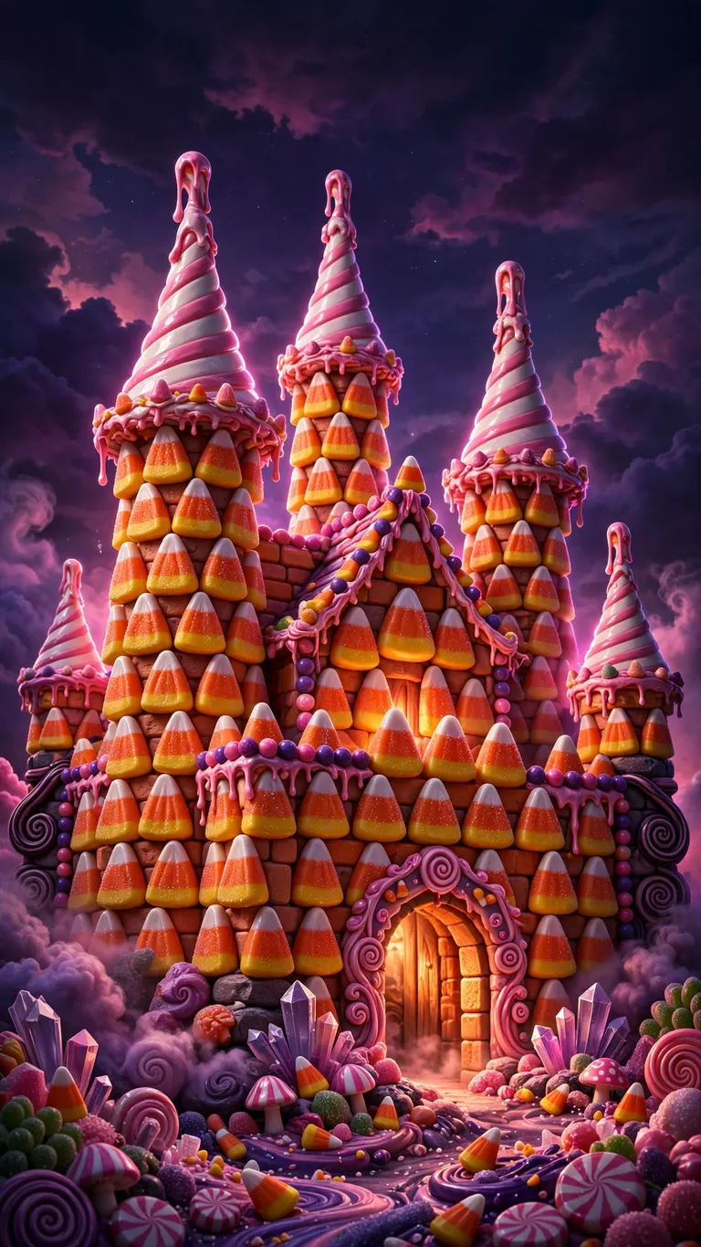 candy corn castle under a twilight sky wallpaper