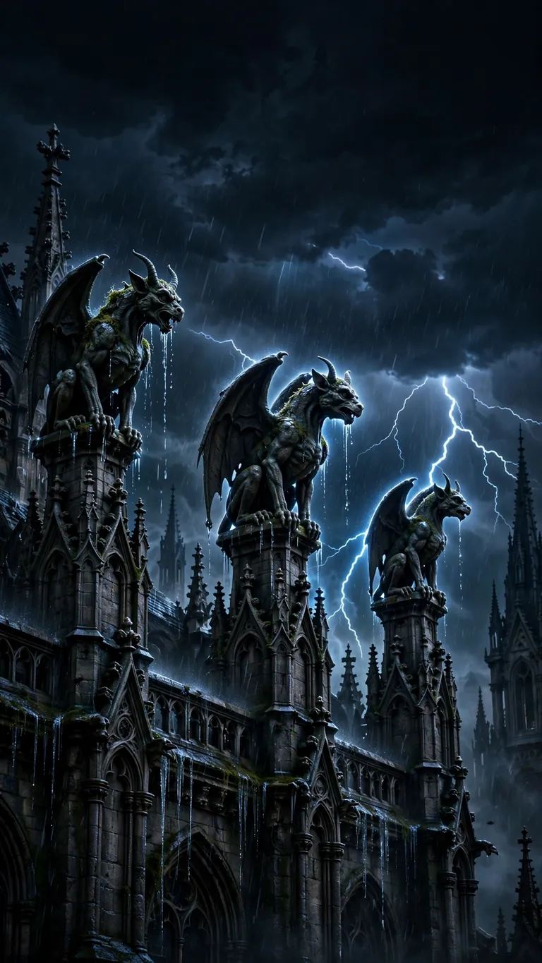 gargoyles on a cathedral during a midnight storm wallpaper