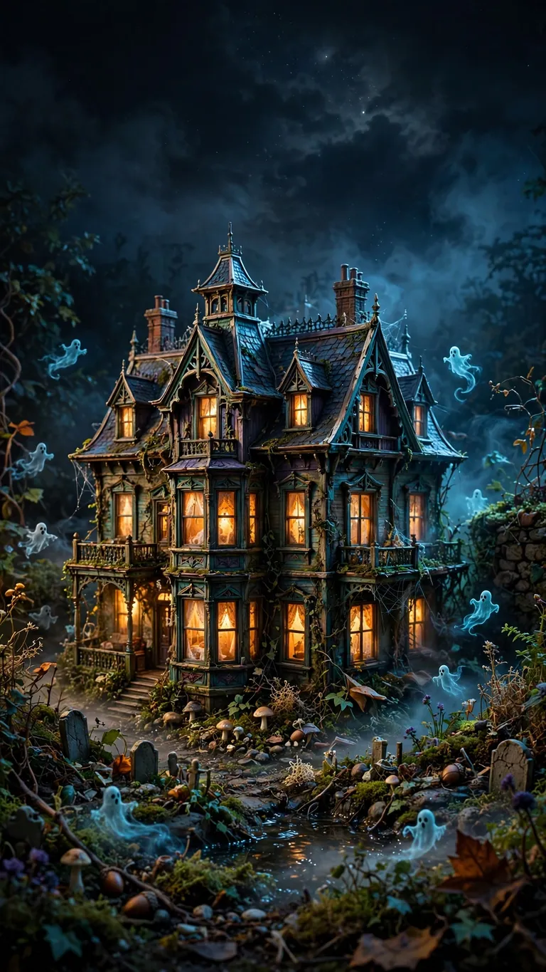 haunted victorian dollhouse with glowing windows at night wallpaper