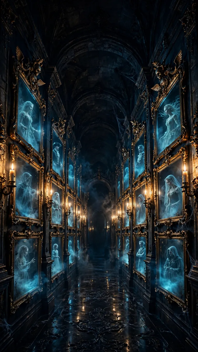 haunted corridor of mirrors with ghostly apparitions wallpaper