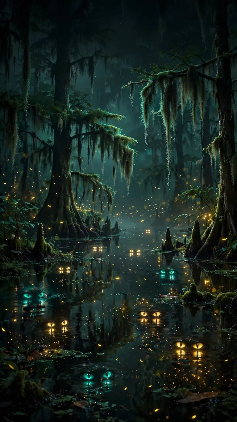 glowing eyes in a haunted swamp at night wallpaper