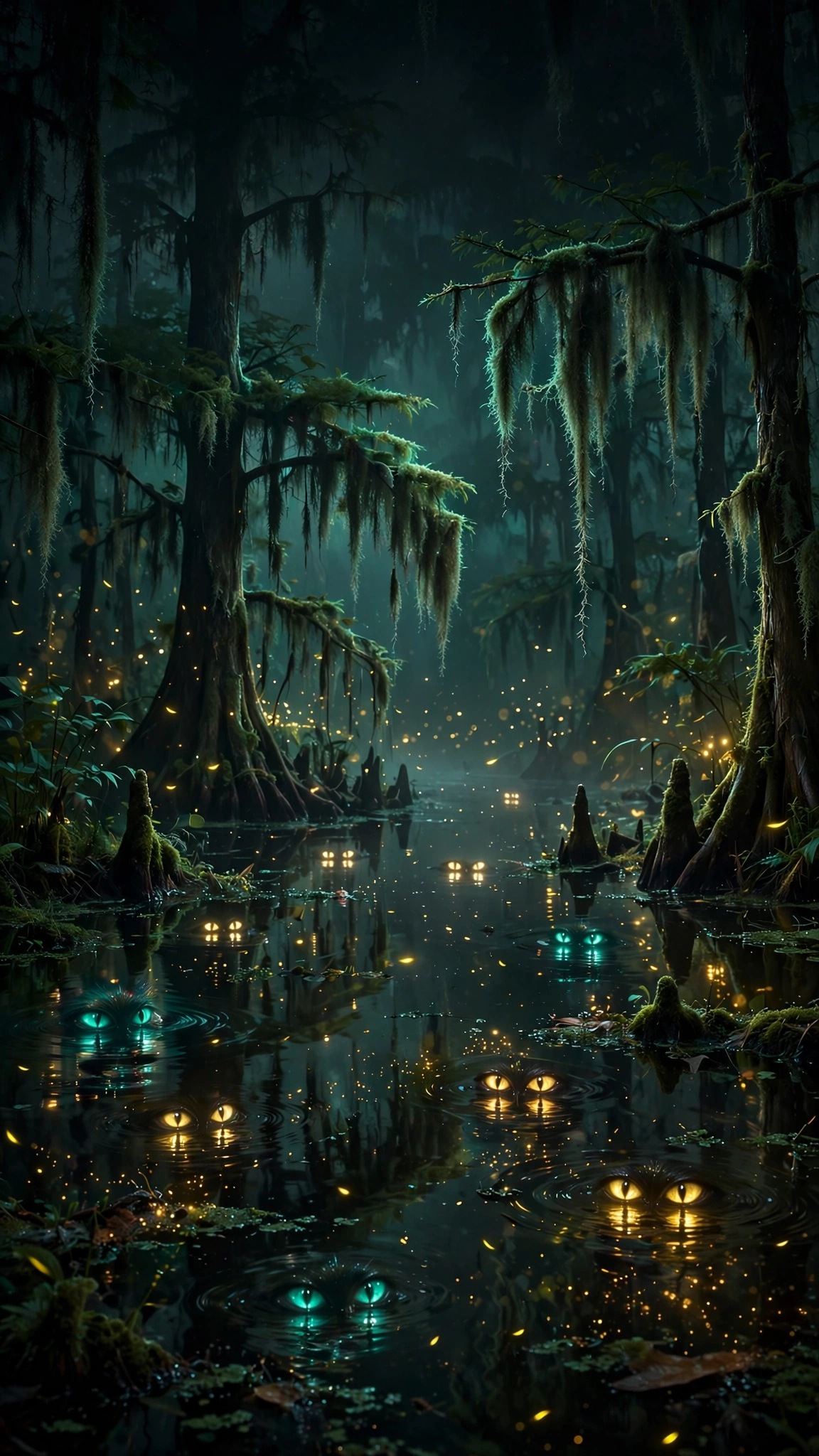 glowing eyes in a haunted swamp at night wallpaper