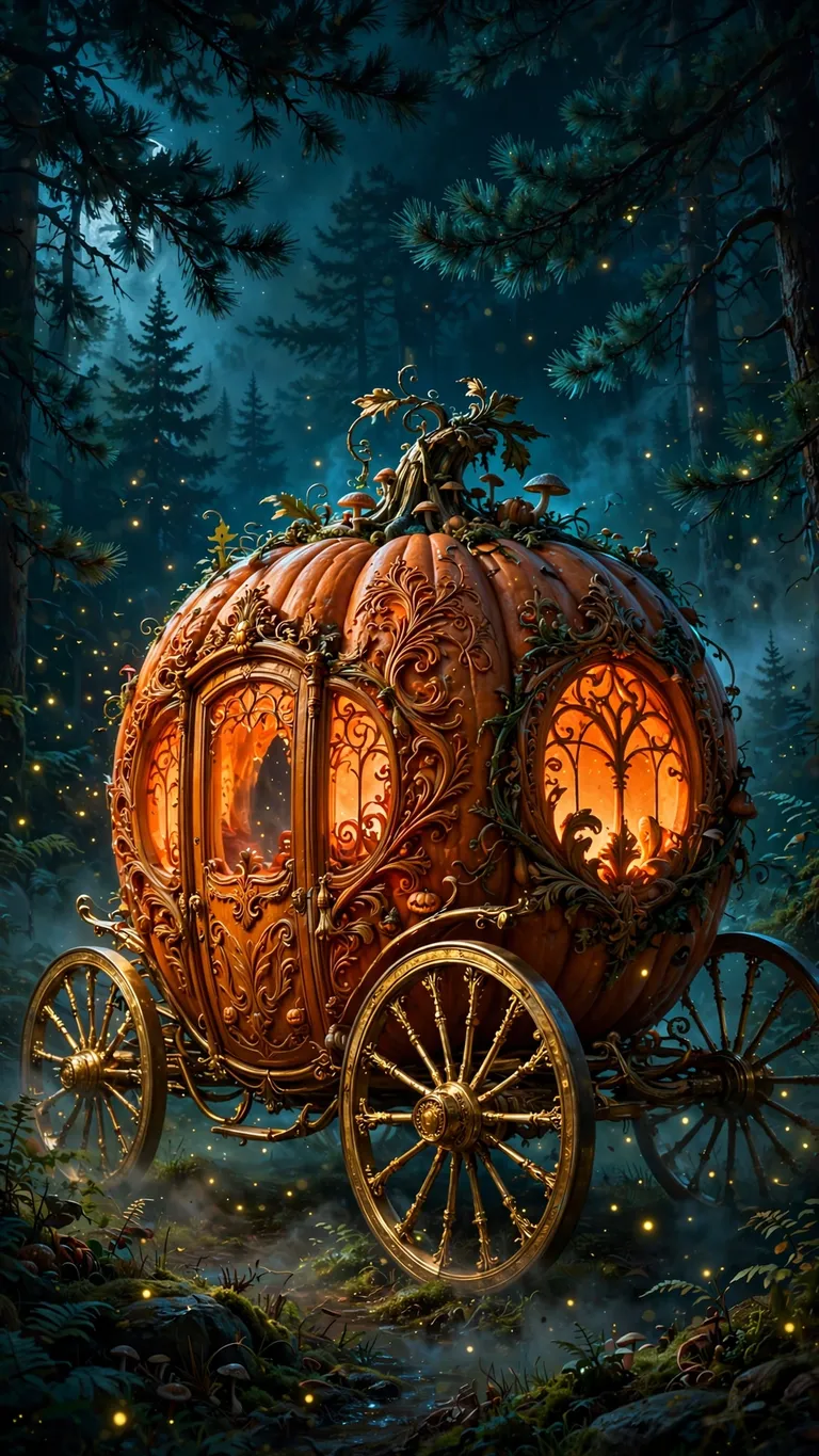 glowing pumpkin carriage in a moonlit forest wallpaper