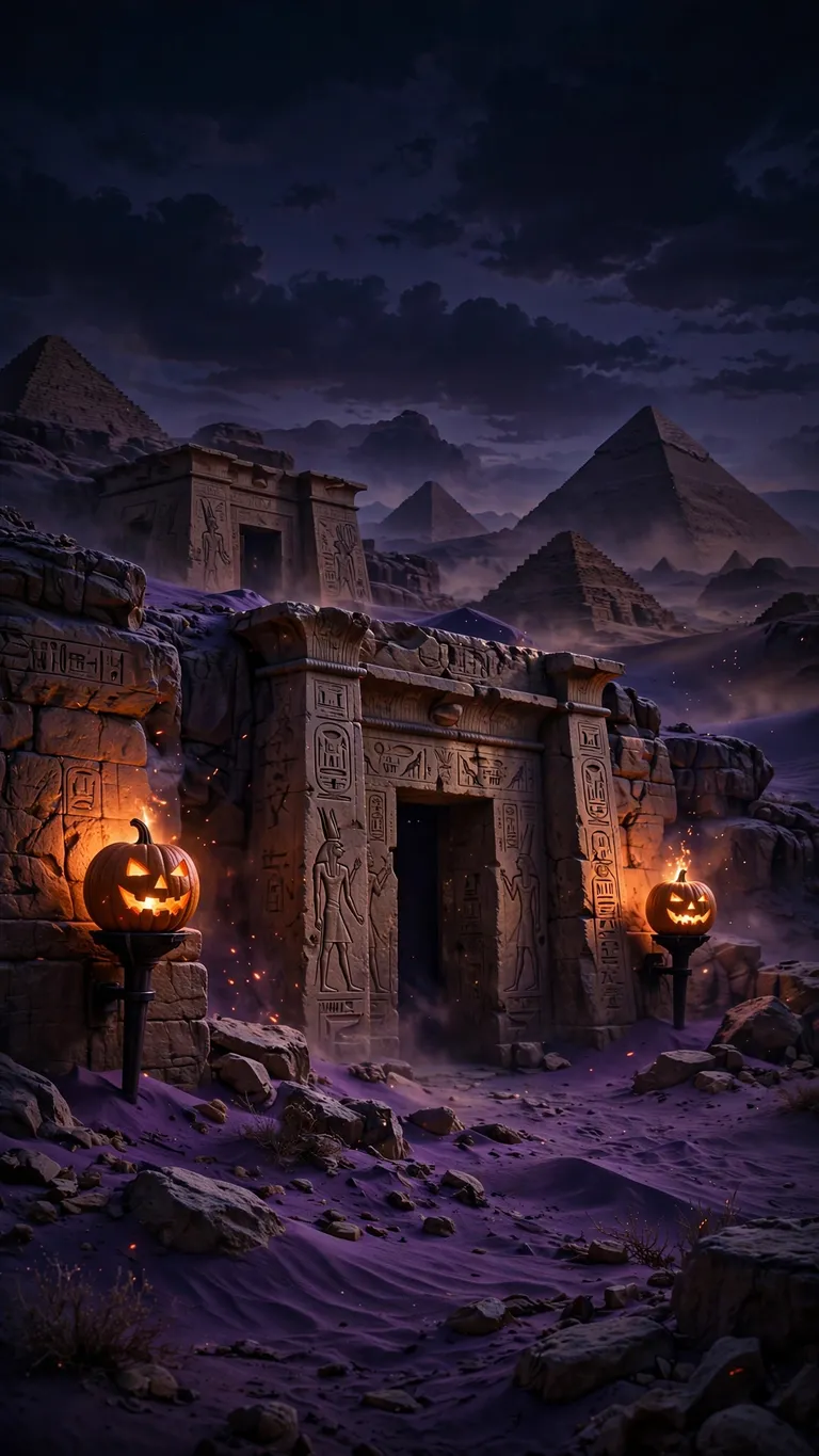 pyramids and tomb doorways at desert dusk wallpaper