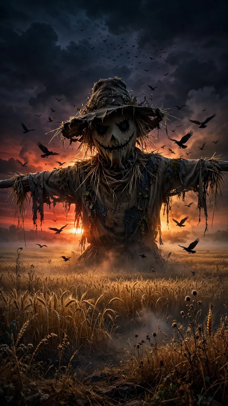 towering scarecrow over a wheat field at sunset wallpaper