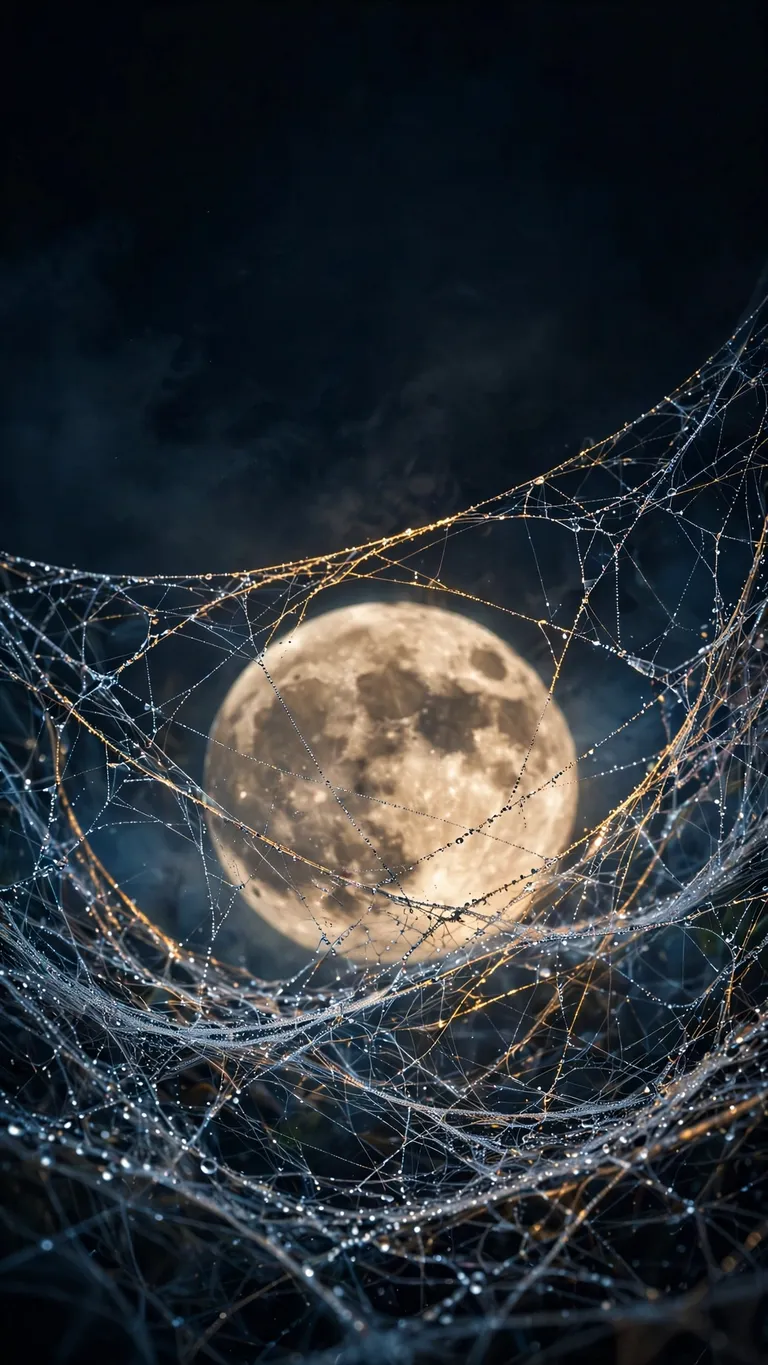 dew-covered spiderweb in front of a full moon wallpaper