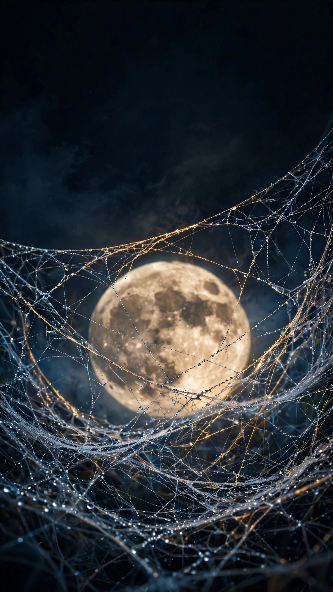 dew-covered spiderweb in front of a full moon wallpaper