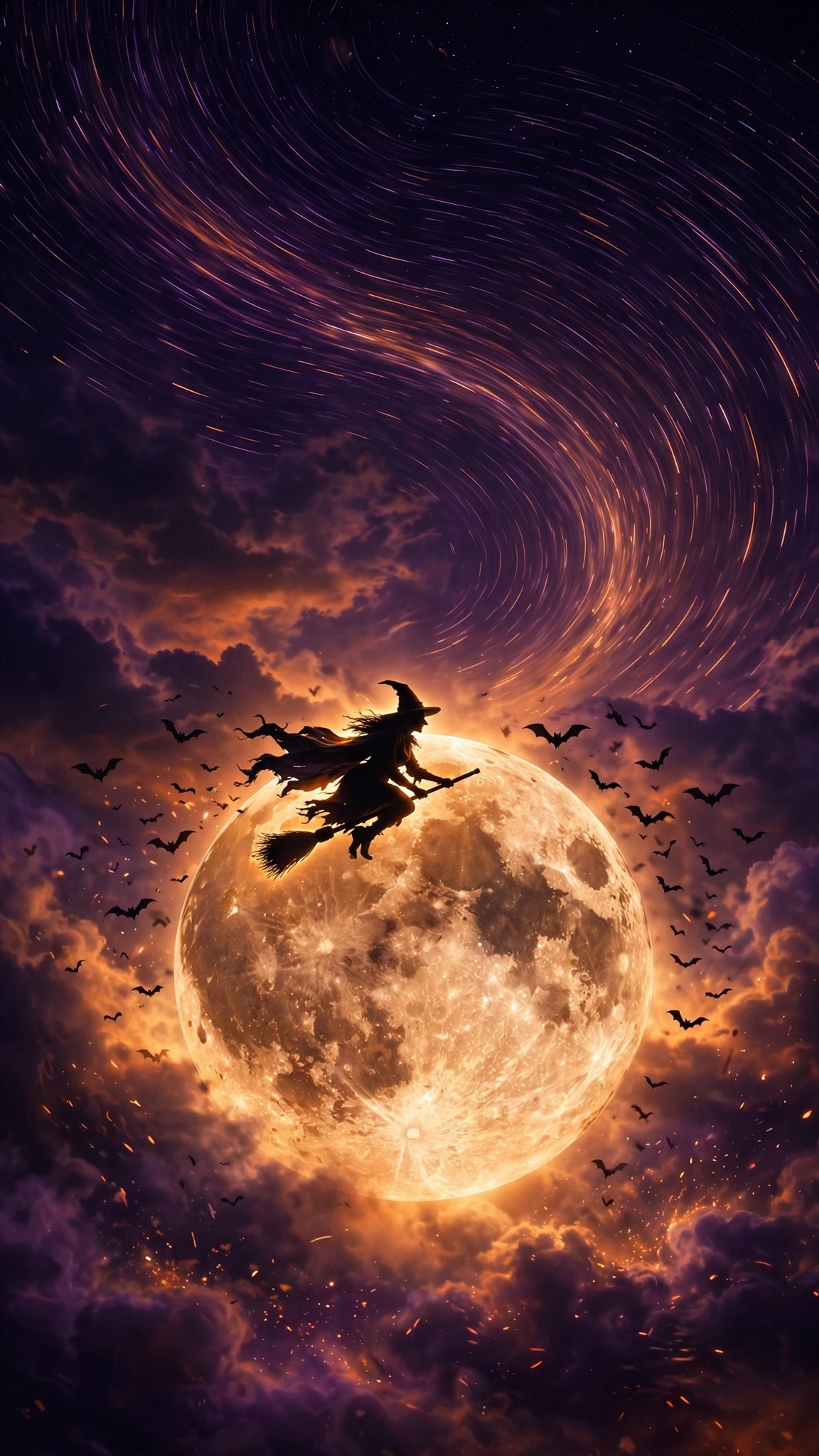 witch flying across a giant harvest moon wallpaper
