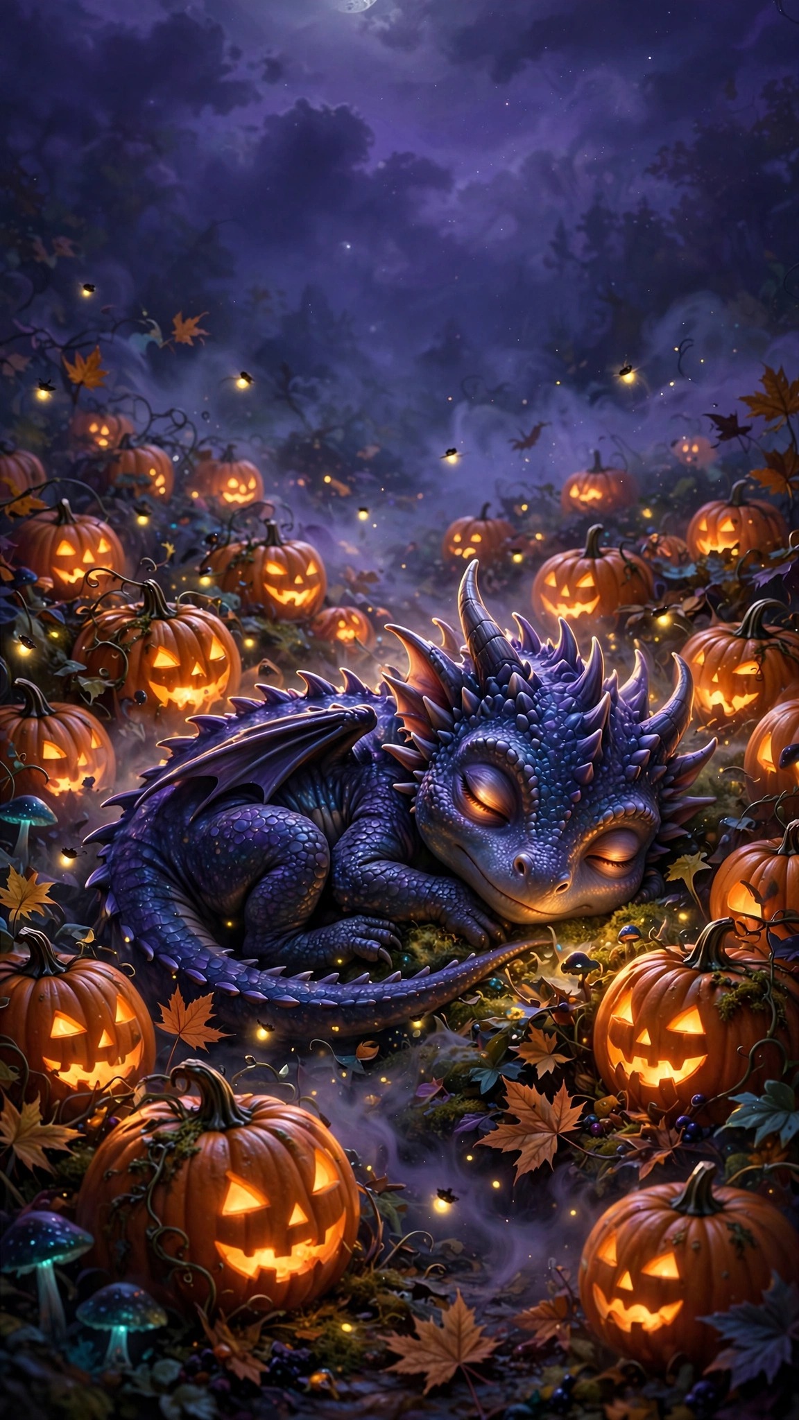Sleeping baby dragon curled up in a moonlit pumpkin patch
