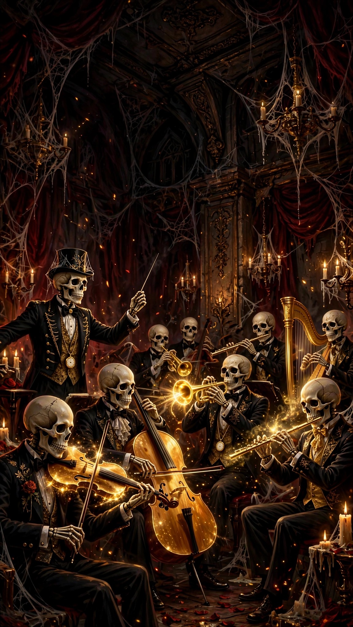 Skeleton orchestra playing glowing instruments in a candlelit ballroom