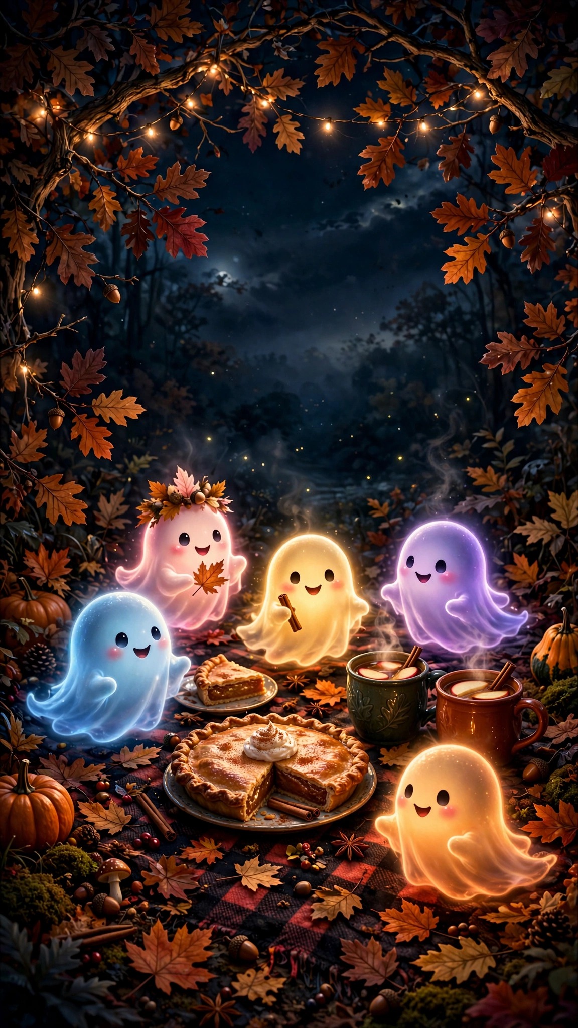 Cute glowing ghosts having a moonlit picnic with pumpkin pie