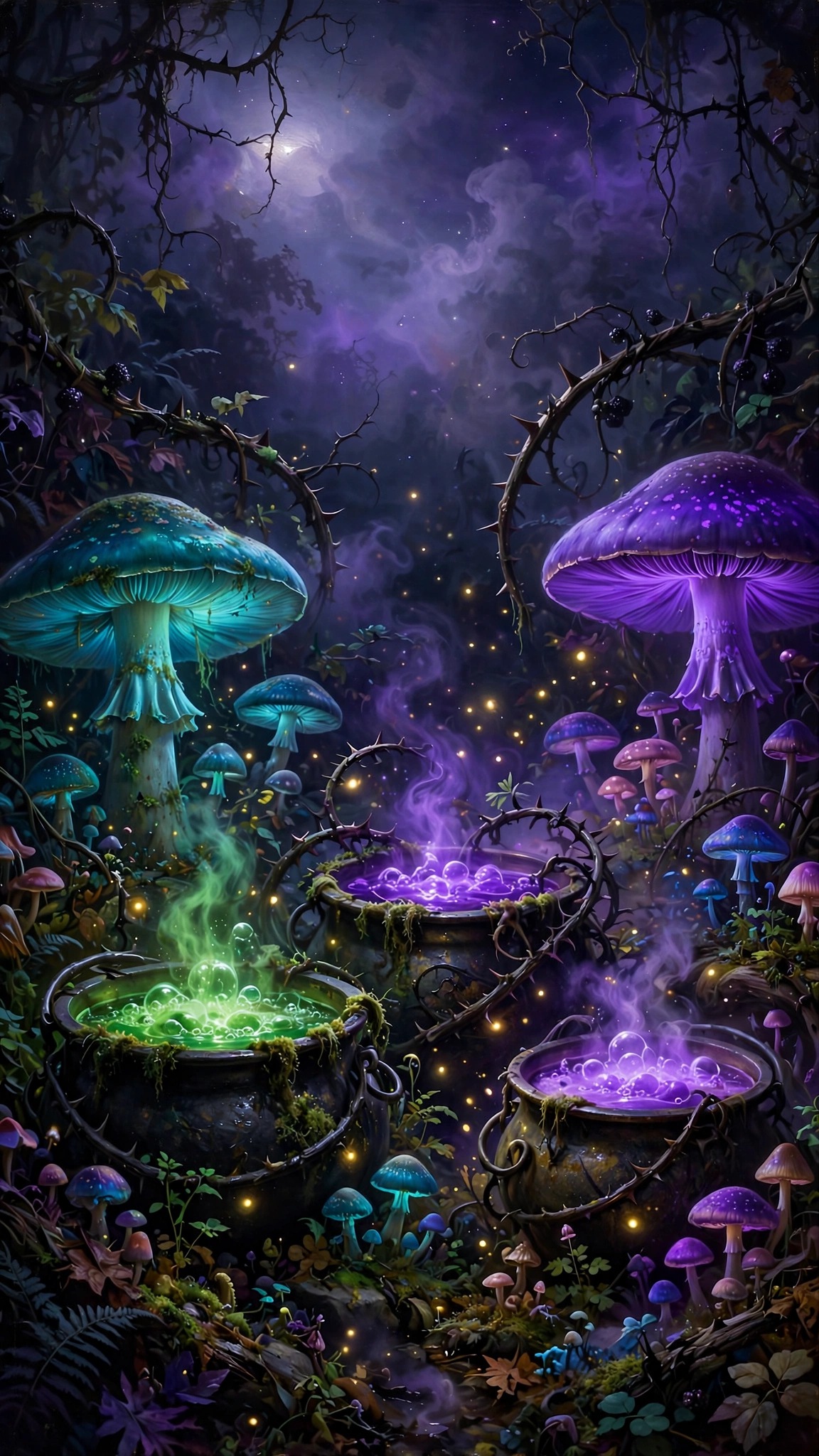 Witchs bubbling potion cauldrons glowing in a mushroom garden at night